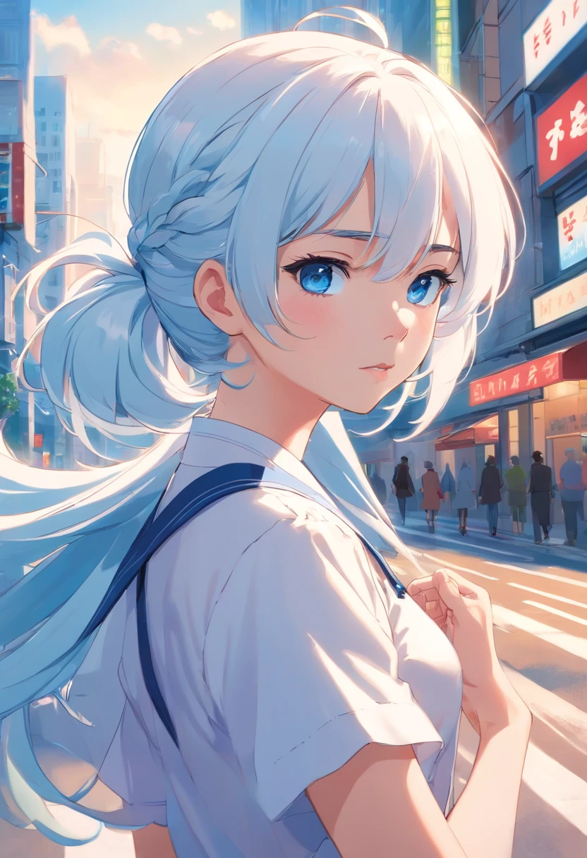 white color hair，Double ponytail curls，blue color eyes，White Lolita，Beth，A bustling city street, sad expression,