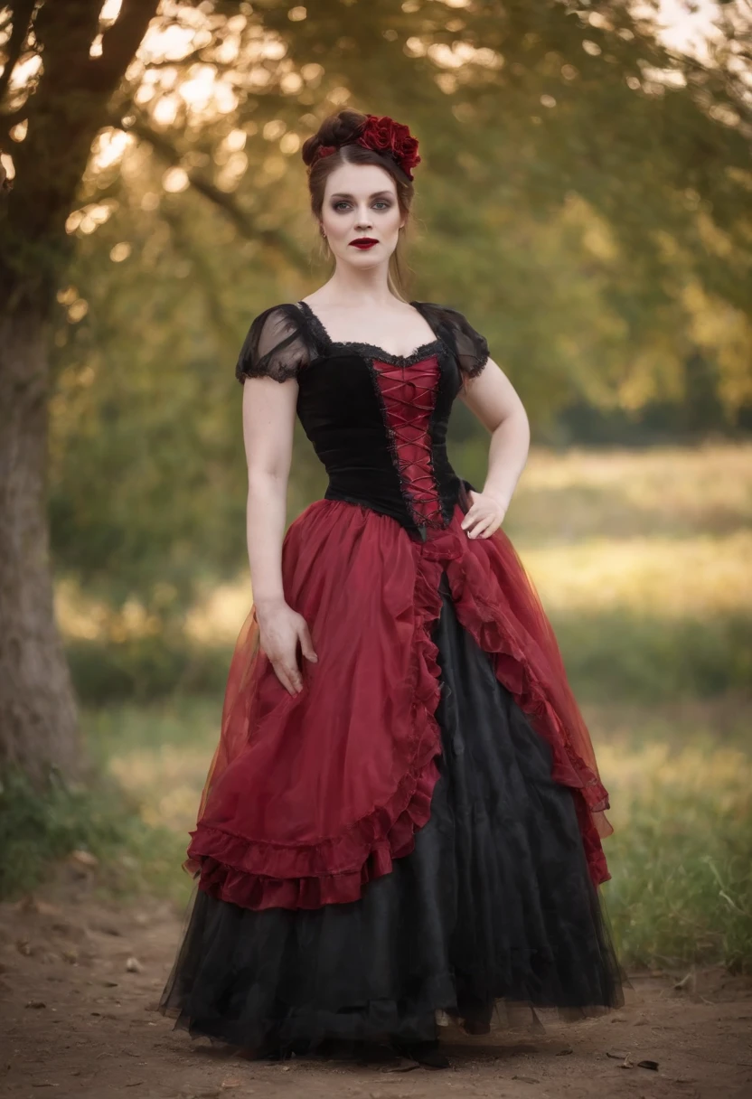araffe dressed in a red tutu and black top, wearing modern gothic clothes, red and black costume!!!, wearing a gothic dress, victorian gothic lolita fashion, an elegant gothic princess, gothic clothing, gothic outfit, high quality theatre costume, baroque hibiscus queen, gothic fashion, ornate dark red opulent clothing, wearing gothic accessories, victorian gothic, gothic clothes