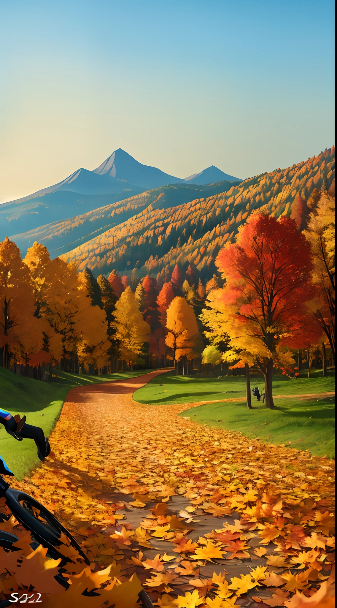 Autumn leaves, rolling mountains in the distance, bicycles in the distance --auto --s2