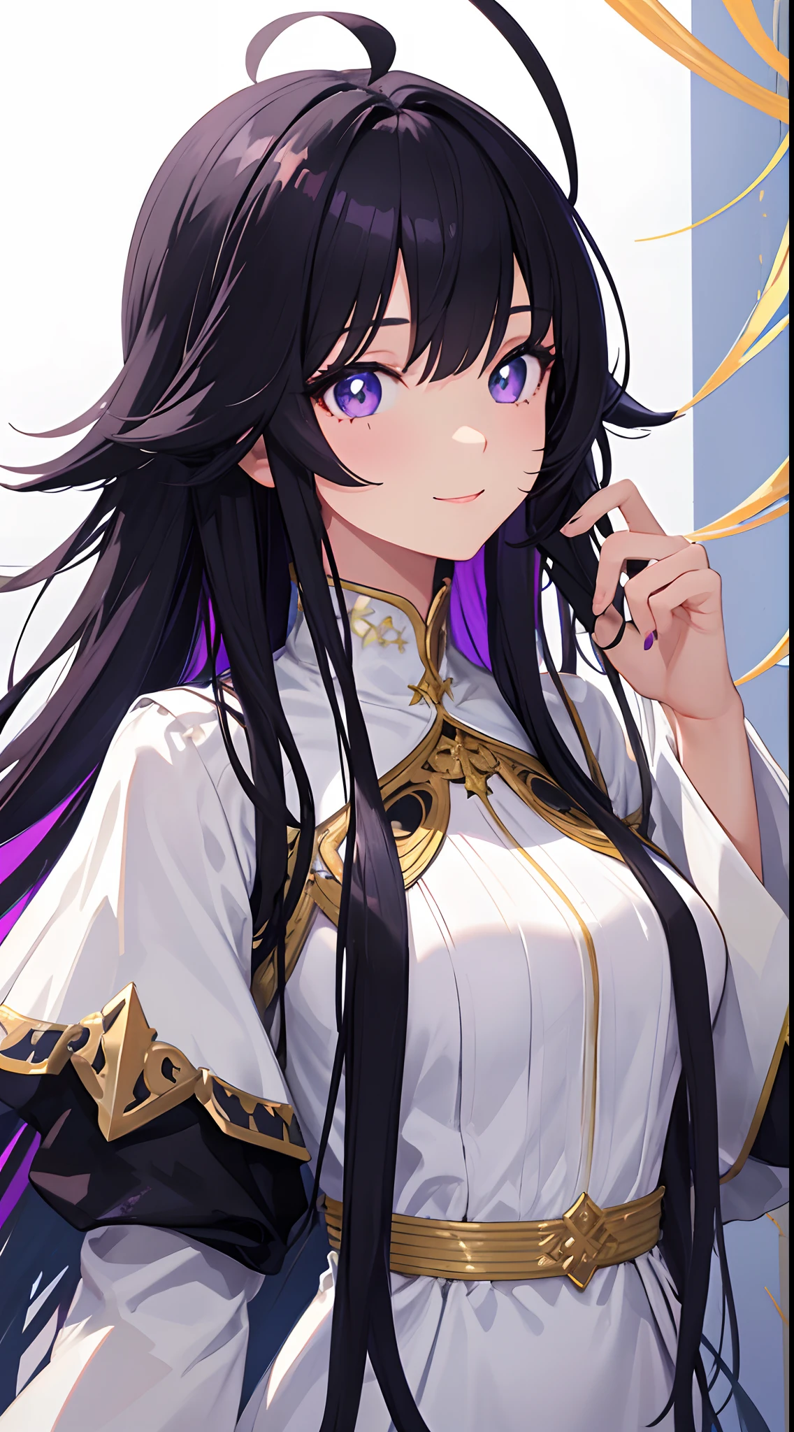 1girl, solo, long hair, ahoge, asymmetrical hair, crossed bangs, black hair, purple eyes, shaped-star pupils, cute face, expressive face, happy, beautiful detailed eyes, beautiful dress, white dress, light ray, colorful, high contrast, (masterpiece), wallpaper,