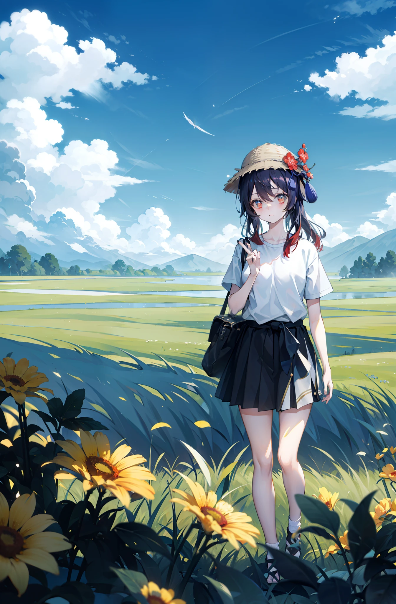 1girl, solo, rural landscape, village, trees, sun, clouds, fantasy, black hair, ponytail, large breasts, button down shirt, ((red floral pattern shirt)), ((short sleeved shirt)), ((unbuttoned shirt)), popping buttons, unbuttoning buttons, cleavage 1:3, blue eyes, dark skirt, smile, looking at the viewer, standing, hair ribbon, golden necklate, elegant white hat