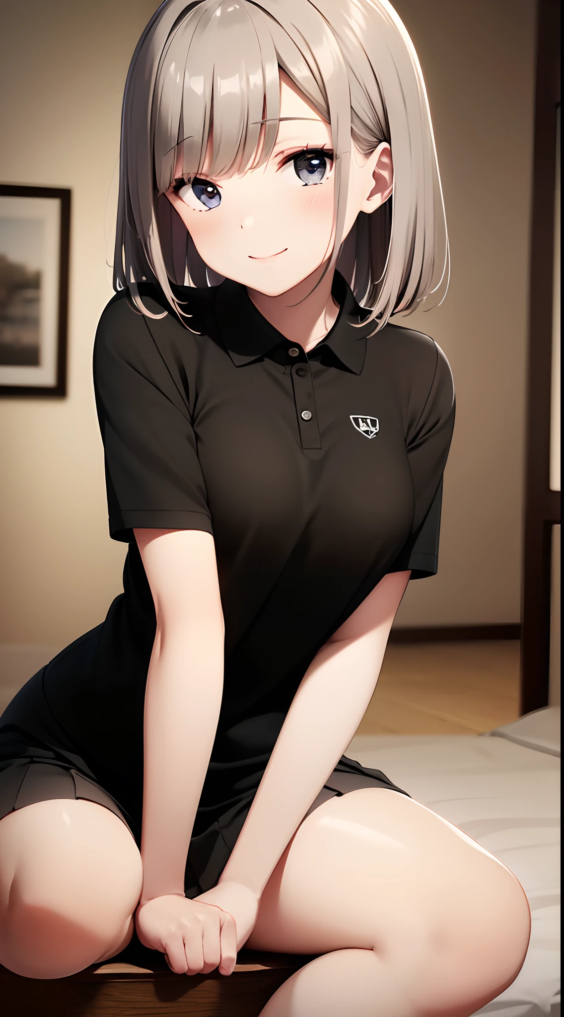 best quality, detailed face, 1girl, middle breast, smile, black polo shirt, gray miniskirt, good anatomy, looking at viewer, soft focus, cinematic lighting, depth of field, happy expression, middle hair,  bare legs,