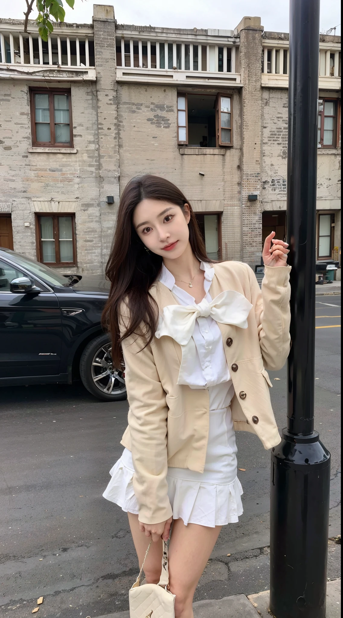 Arakfi woman in white dress and jacket poses on street corner, wearing jacket and skirt, smooth white tight clothes suit, white trendy clothes, bae suzy, ulzzangs, High quality material BSSRDF, White jacket, 2 0 2 0 fashion, korean women's fashion model, shaxi, loose coat collar sailor uniform, light cream and white colors