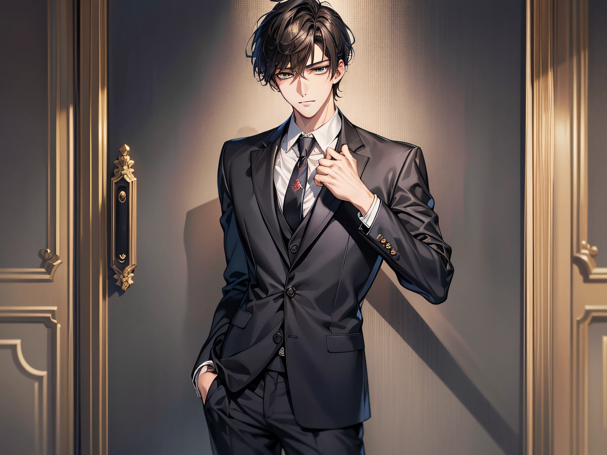 Depiction in motion、T Masterpiece at the hotel,best qualtiy,1 male,AS-Adult,With short black hair,The shirt, seminude、anime handsome guy,Wearing a strict business suit, Dark suit, Handsome anime pose in suit and tie, Handsome stunning realistic,