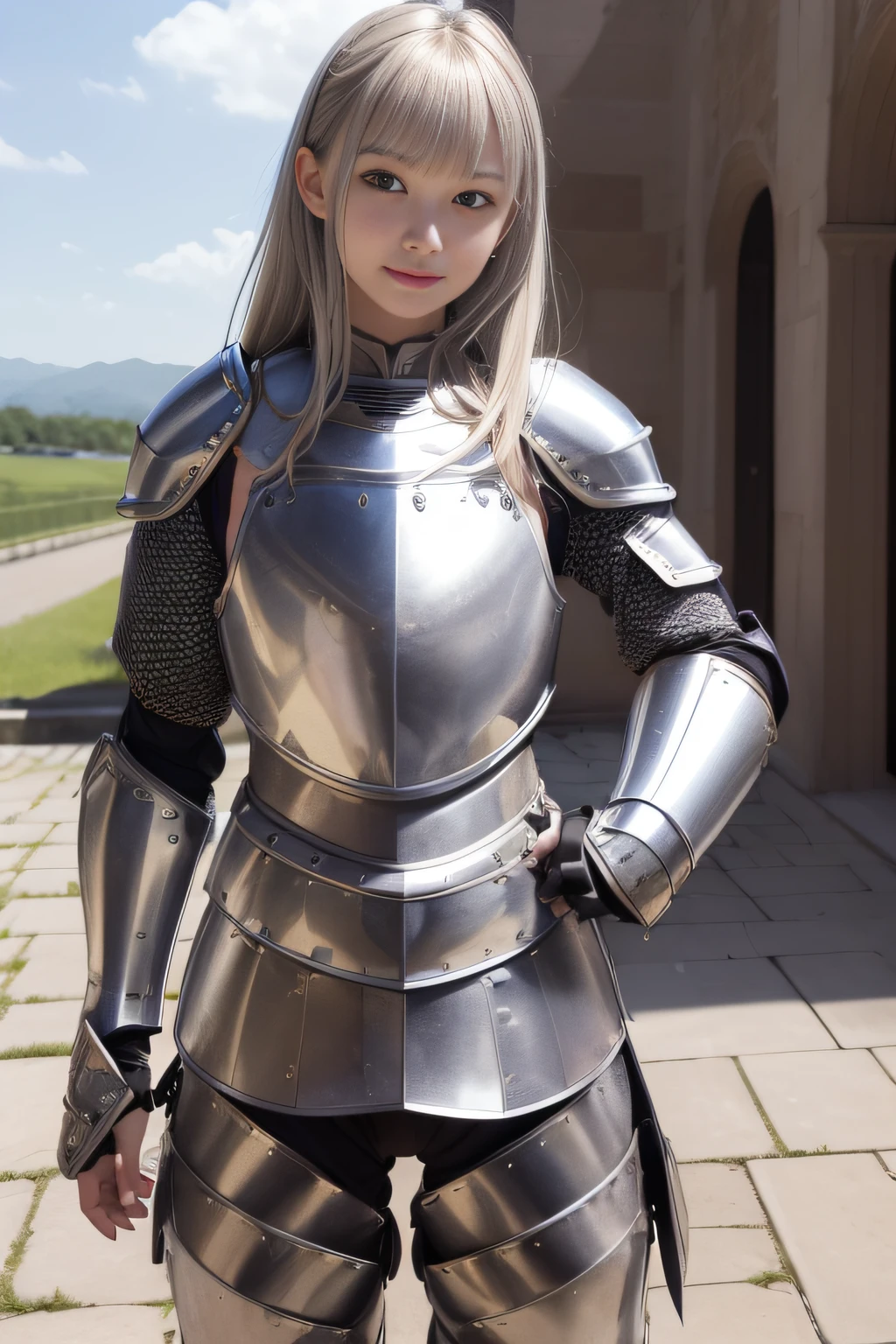 best qualtiy、masutepiece、超A high resolution、(Photorealistic:1.4)、GTSGiga、From below、infp young woman、(modeled:1.2)、small head、a small face、blonde hair、long legged、(Ornately decorated full-body armor:1.3)、(Waist Armor:1.3)、(Falls Armor:1.9)、(Silver Crotch Protector:1.4)、Leg armor、(Full body:1.4)、Appearance without makeup、smil、(the perfect body:1.7)、Castle background、By Michelangelo
