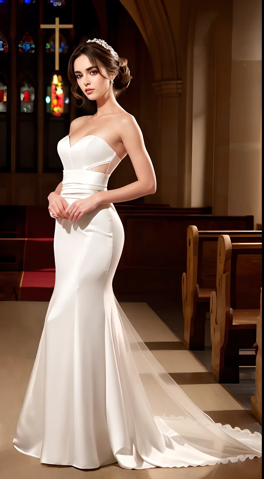 ((full body)), (8K, Best Quality, masterpiece), (Realistic, Photorealsitic), of the highest quality, masterpiece, pretty female, sensual bride, Bride of Love, (((in gorgeous room dress, wedding veil, narrow waist, thin abs, thin thigh))), (((standing in the chapel)), Small bust, slender, (((wavy hair, gorgeous hair))). symmetric face, blushing face, symmetric eyes, Small bust, (((model posing, chignon hair)))