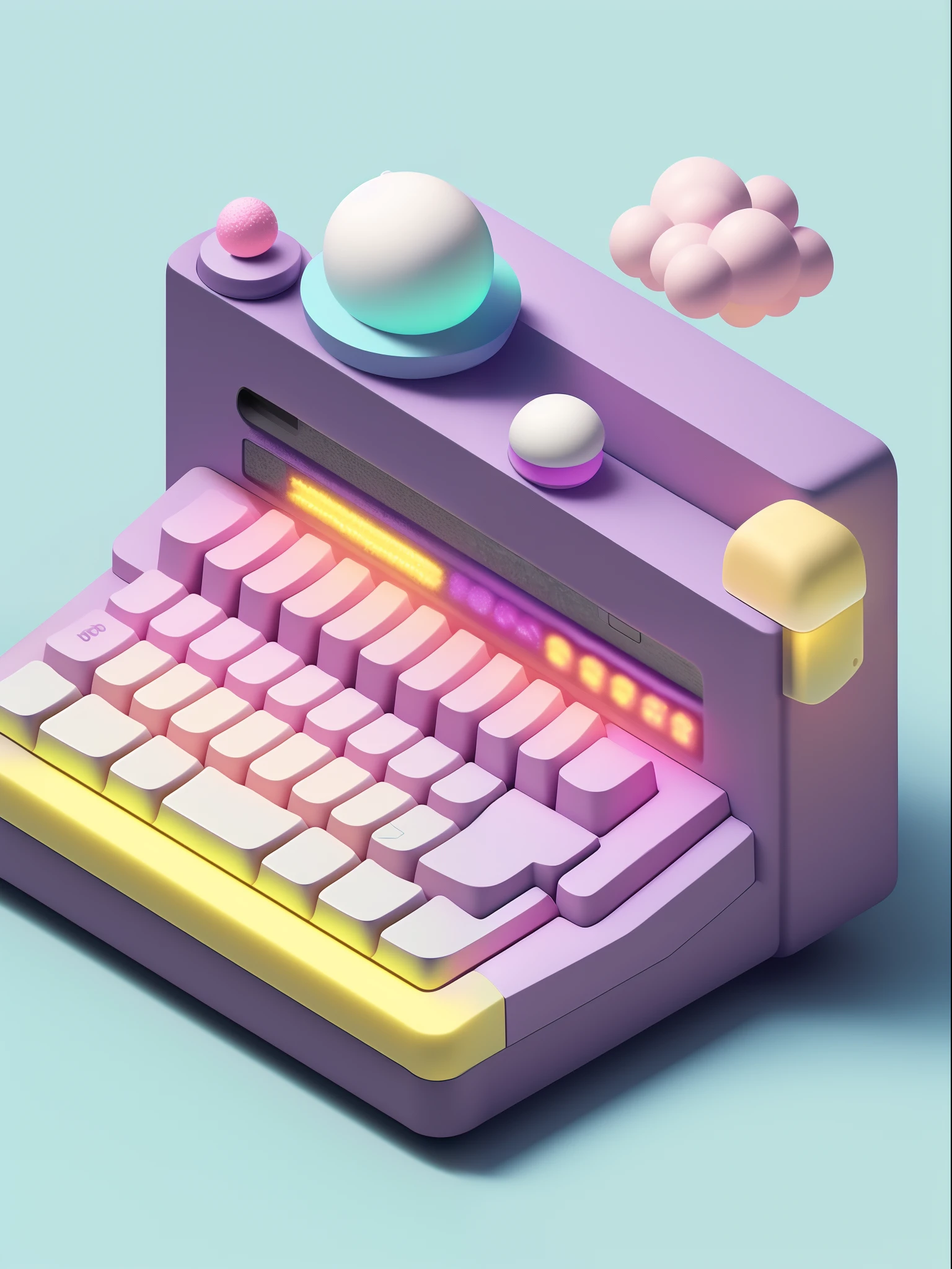 microworld, isometric view of cute kawaii keyboard, (pink, white, yellow, purple), cozy and pastel, lighting particle, dynamic light effect, futuristic, incredibly detailed, super resolution