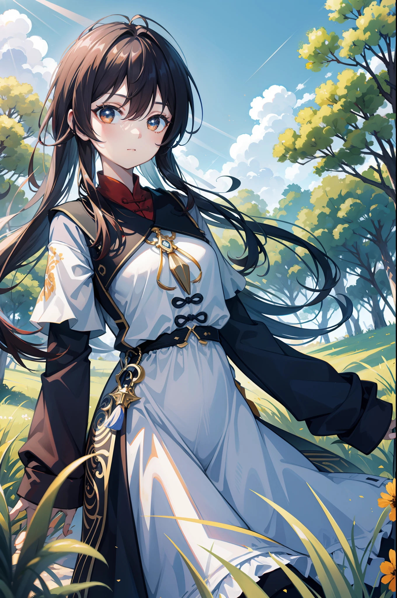 Hu tao from genshin impact, white background, casual outfit, casual t shirt, cute pose, Prairie, a beauty with a sunhat standing on the prairie, big clouds, blue sky, meadow, forest, hillside, secluded, tourist attraction, HD detail, hyper-detail, cinematic, surrealism, soft light, deep field focus bokeh, ray tracing and surrealism. --v6