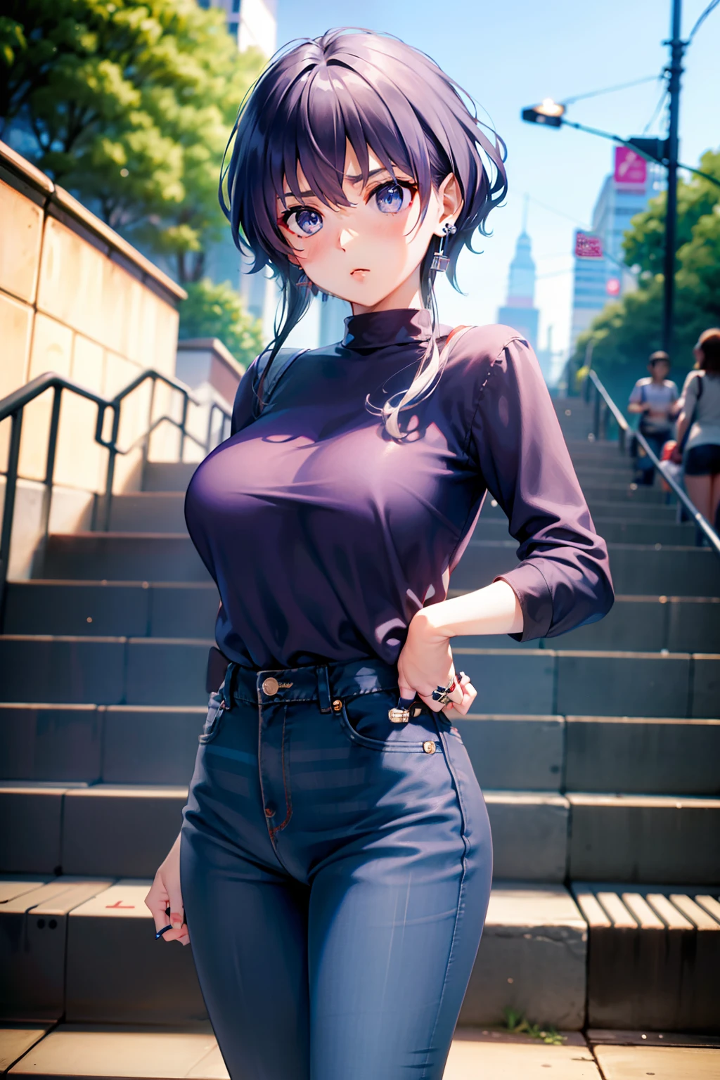 Michiru Hyodo、silber hair、Colossal tits、Blue eyes、Ring earrings、damage Black high-waisted jeans、shuicolor Stripes frill shirt、Red High Heels、station escalators
