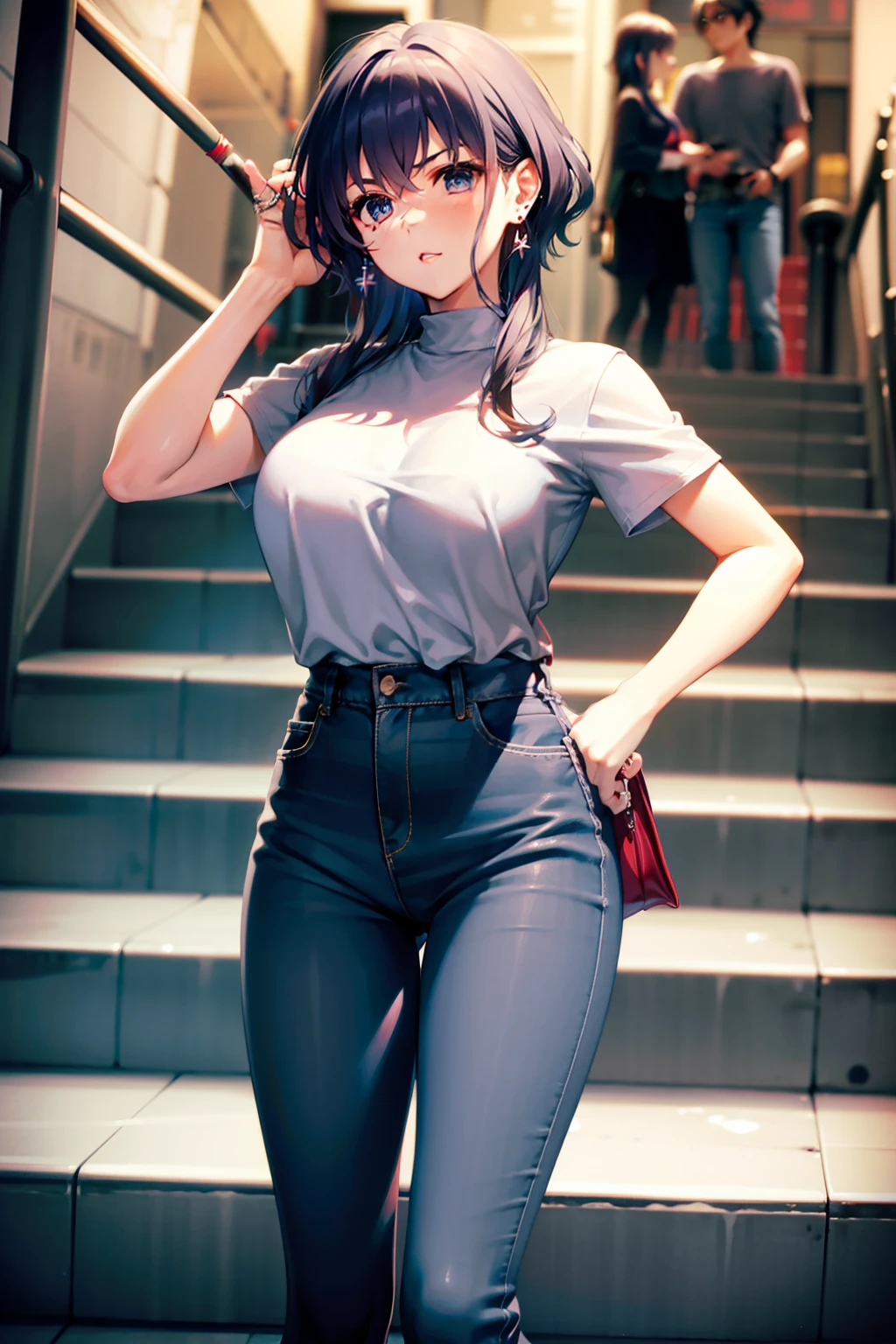 Michiru Hyodo、silber hair、Colossal tits、Blue eyes、Ring earrings、damage　Black high-waisted jeans、shuicolor　Stripes　frill shirt、Red High Heels、station　escalators