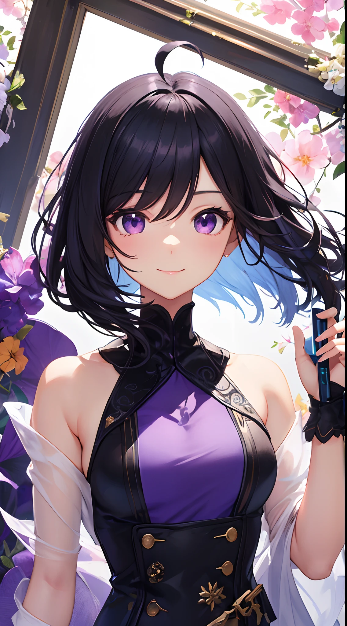 1girl, solo, ahoge, black hair, purple eyes, cute face, expressive face, happy, beautiful detailed eyes, beautiful dress, light ray, colorful, high contrast, (masterpiece), wallpaper,