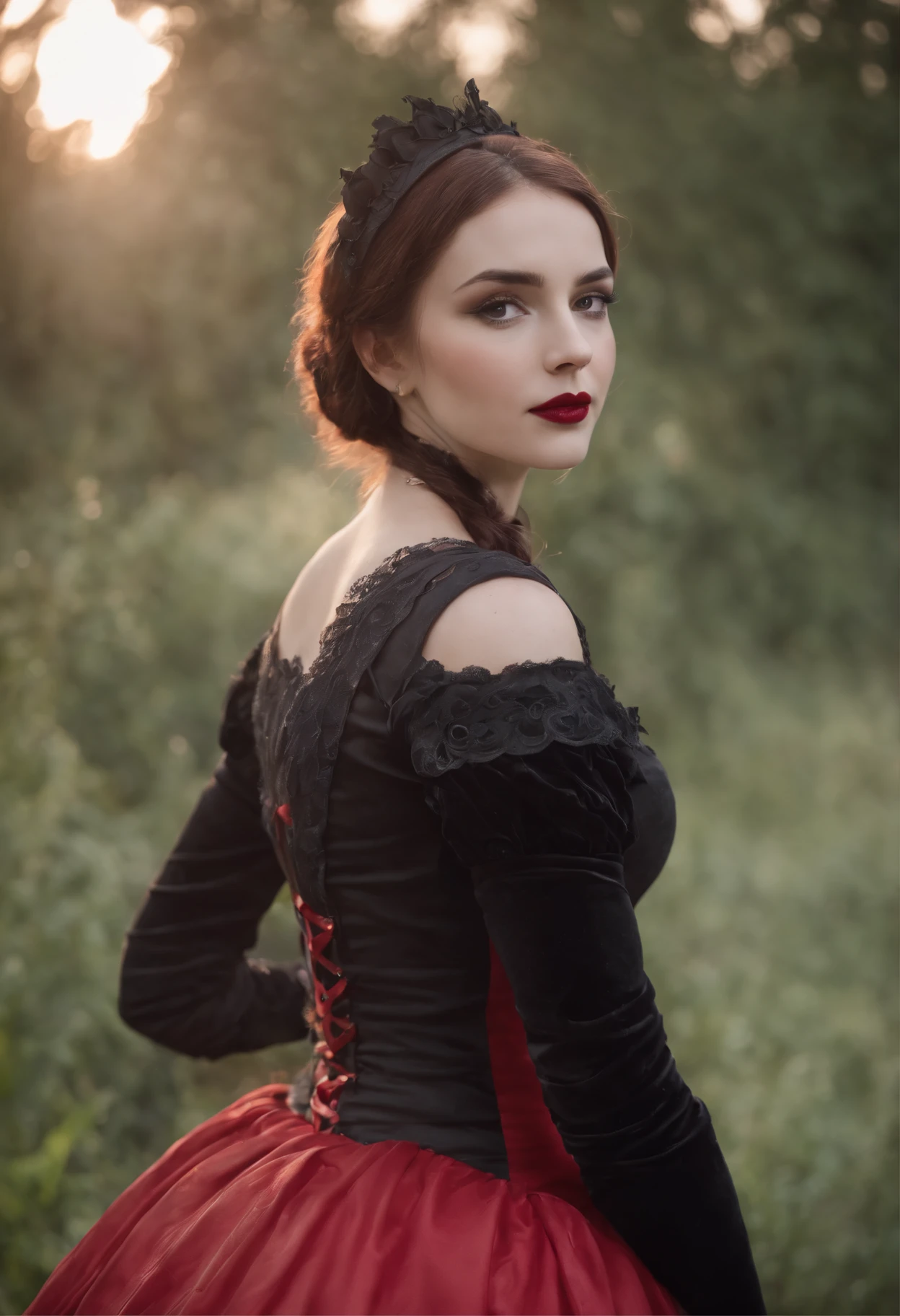 araffe dressed in a red tutu and black top, wearing modern gothic clothes, red and black costume!!!, wearing a gothic dress, victorian gothic lolita fashion, an elegant gothic princess, gothic clothing, gothic outfit, high quality theatre costume, baroque hibiscus queen, gothic fashion, ornate dark red opulent clothing, wearing gothic accessories, victorian gothic, gothic clothes