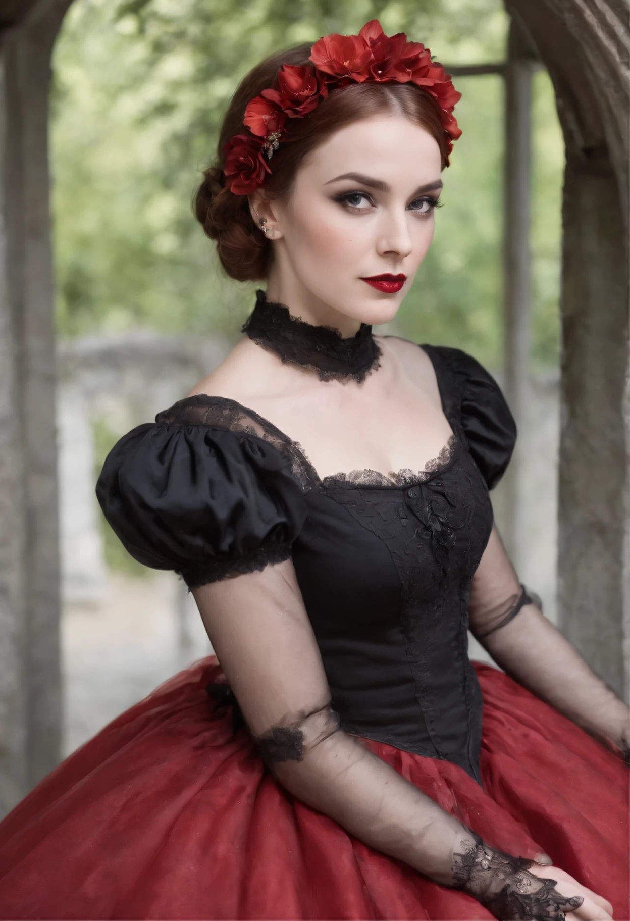 araffe dressed in a red tutu and black top, wearing modern gothic clothes, red and black costume!!!, wearing a gothic dress, victorian gothic ta fashion, an elegant gothic princess, gothic clothing, gothic outfit, high quality theatre costume, baroque hibiscus queen, gothic fashion, ornate dark red opulent clothing, wearing gothic accessories, victorian gothic, gothic clothes