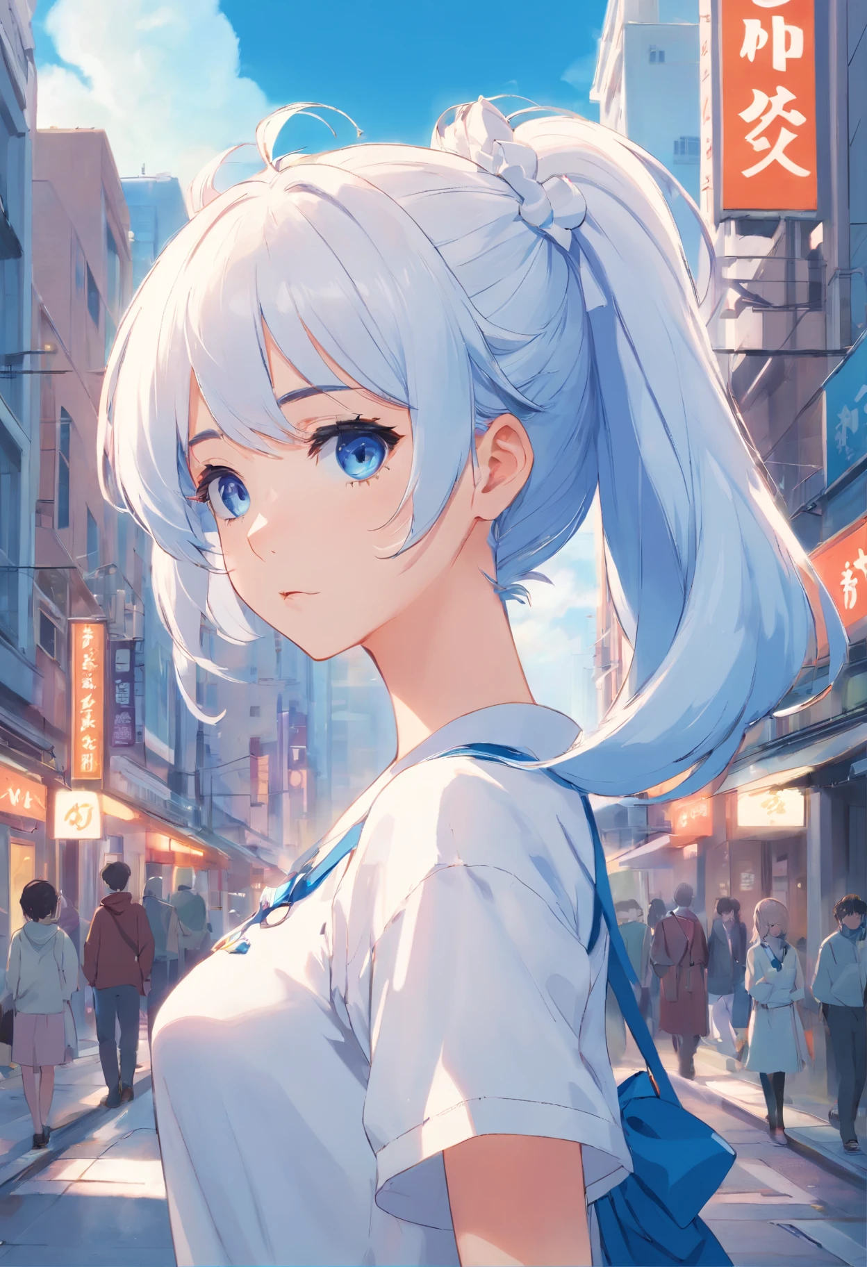 white color hair,Double ponytail curls,blue color eyes,White Lolita,Beth,A bustling city street, sad expression,