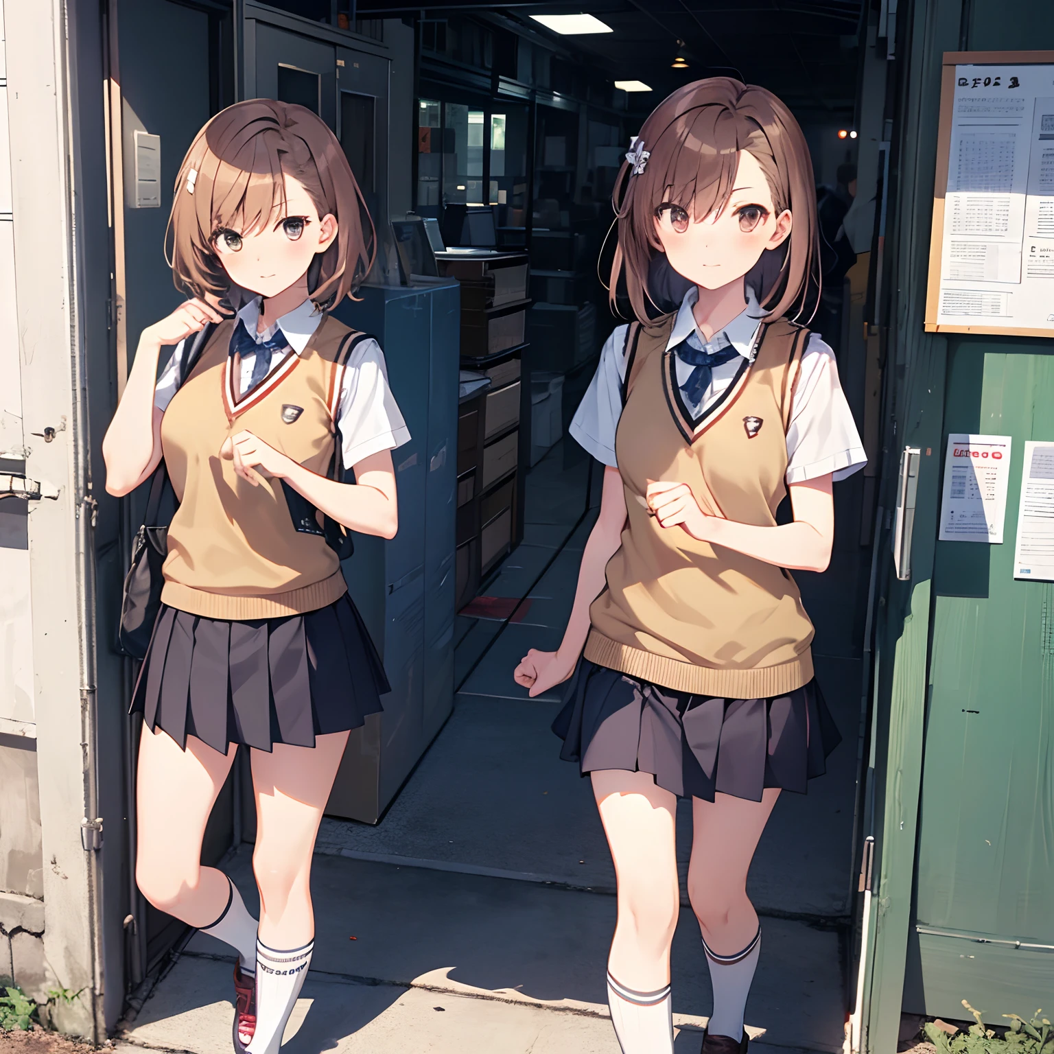masterpiece, top-quality, Misaka_mikoto, brown-eyed, Short_hair, Small_Breast, looking at the viewers student clothes, tokiwadai_School_uniform, whiteshirt, Sweater Vest, Gray plain mini skirt, , White loose socks, shoes, is standing Cool Face