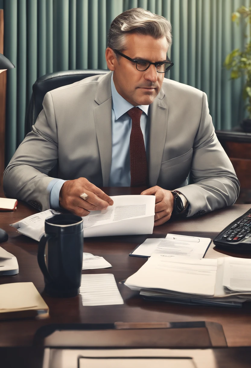 Middle-aged man in suit and tie, sitting at a desk in the office