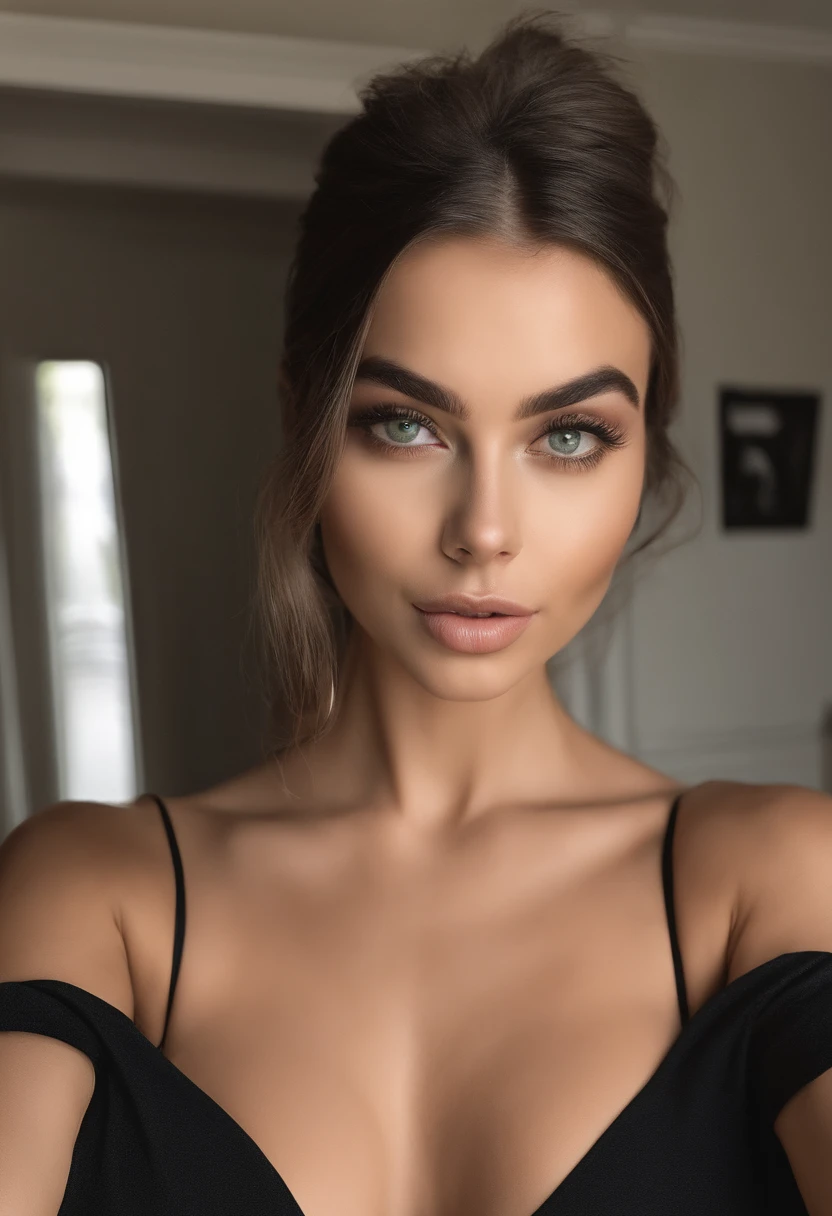 Arafed Mujer con un bikini negro y un collar, Chica sexy con ojos verdes, Retrato Sophie Mudd, brown hair and large eyes, selfie de una mujer joven, Ojos del dormitorio, Violeta Myers, sin maquillaje, Maquillaje natural, Looking directly at the camera in the mirror, cara con artgram, maquillaje sutil, Impresionante selfie en el espejo, penetrantes ojos verdes