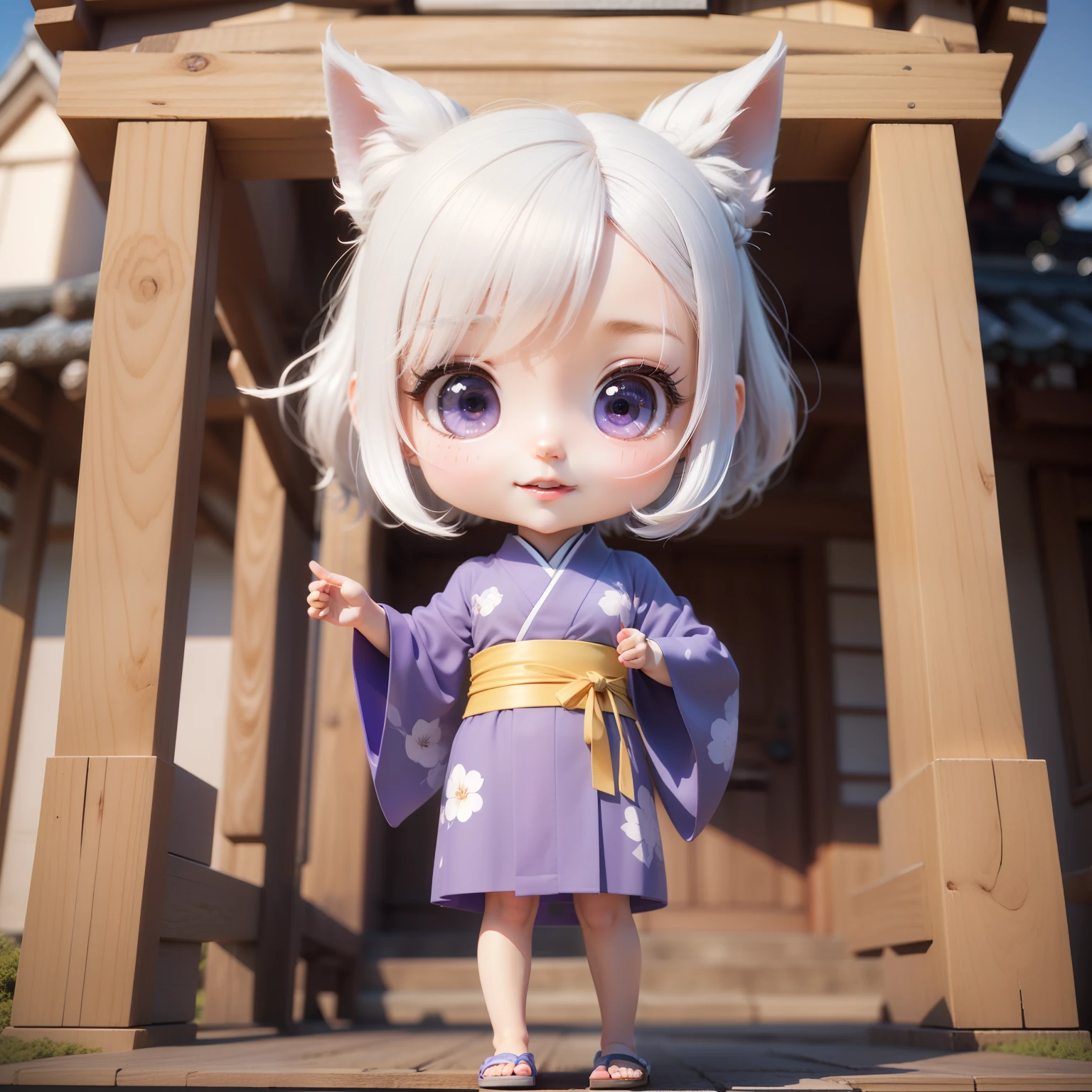 Cute Baby Chibi Anime、(((Chibi 3D))) (Best Quality), (masutepiece)、Chibi Model、Photo session、Blue and purple maxi length kimono、Hyogo、Himeji Castle、outside of house、Open your mouth and smile、Japan flip flops、A detailed face、Perfect Detail、Standing、white hair、