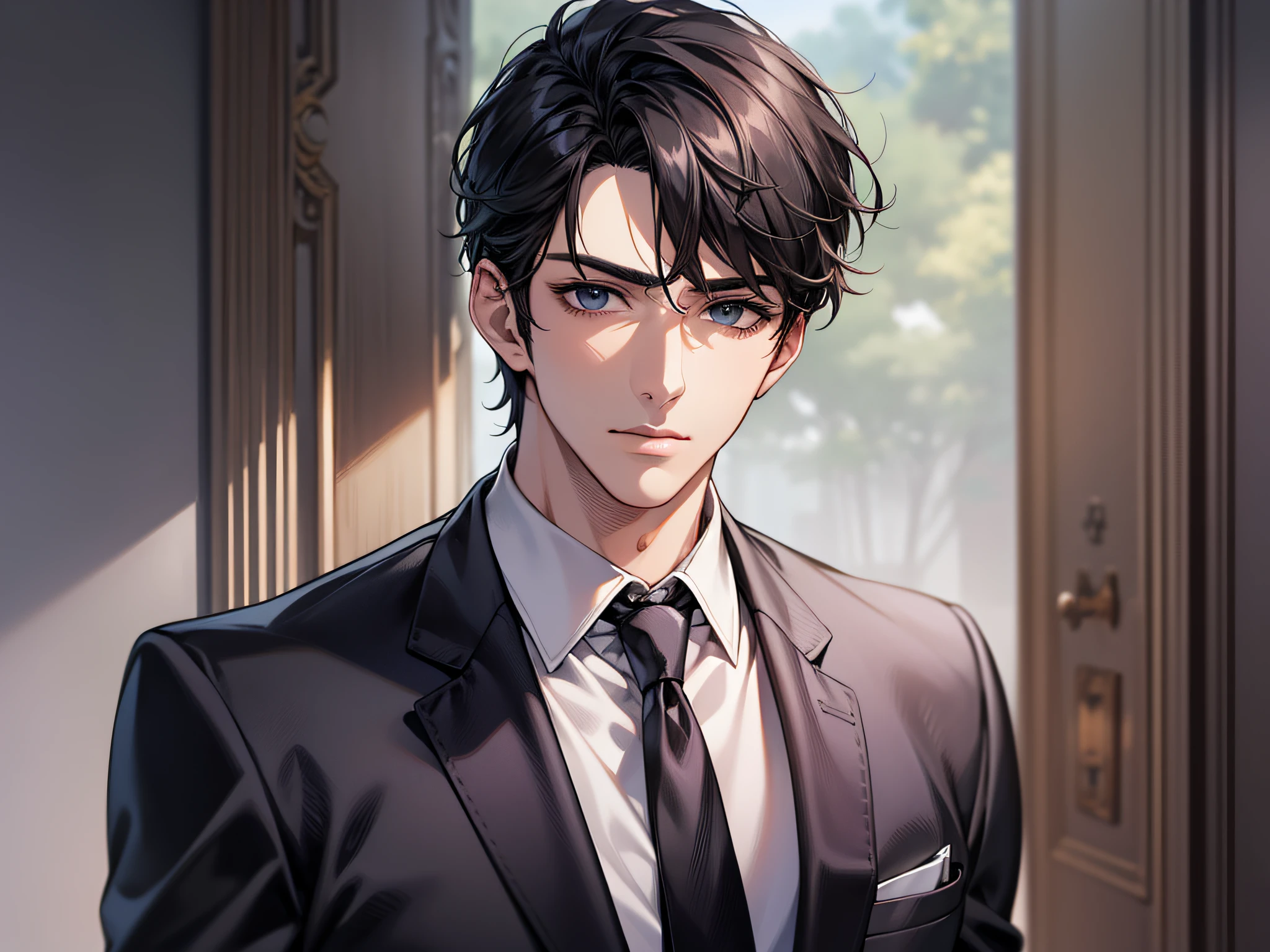 dynamic angle,Be undress、T Masterpiece at the hotel,best qualtiy,1 male,AS-Adult,With short black hair,The shirt, seminude、anime handsome guy,Wearing a strict business suit, Dark suit, Handsome anime pose in suit and tie, Handsome stunning realistic,ムラムラ,H