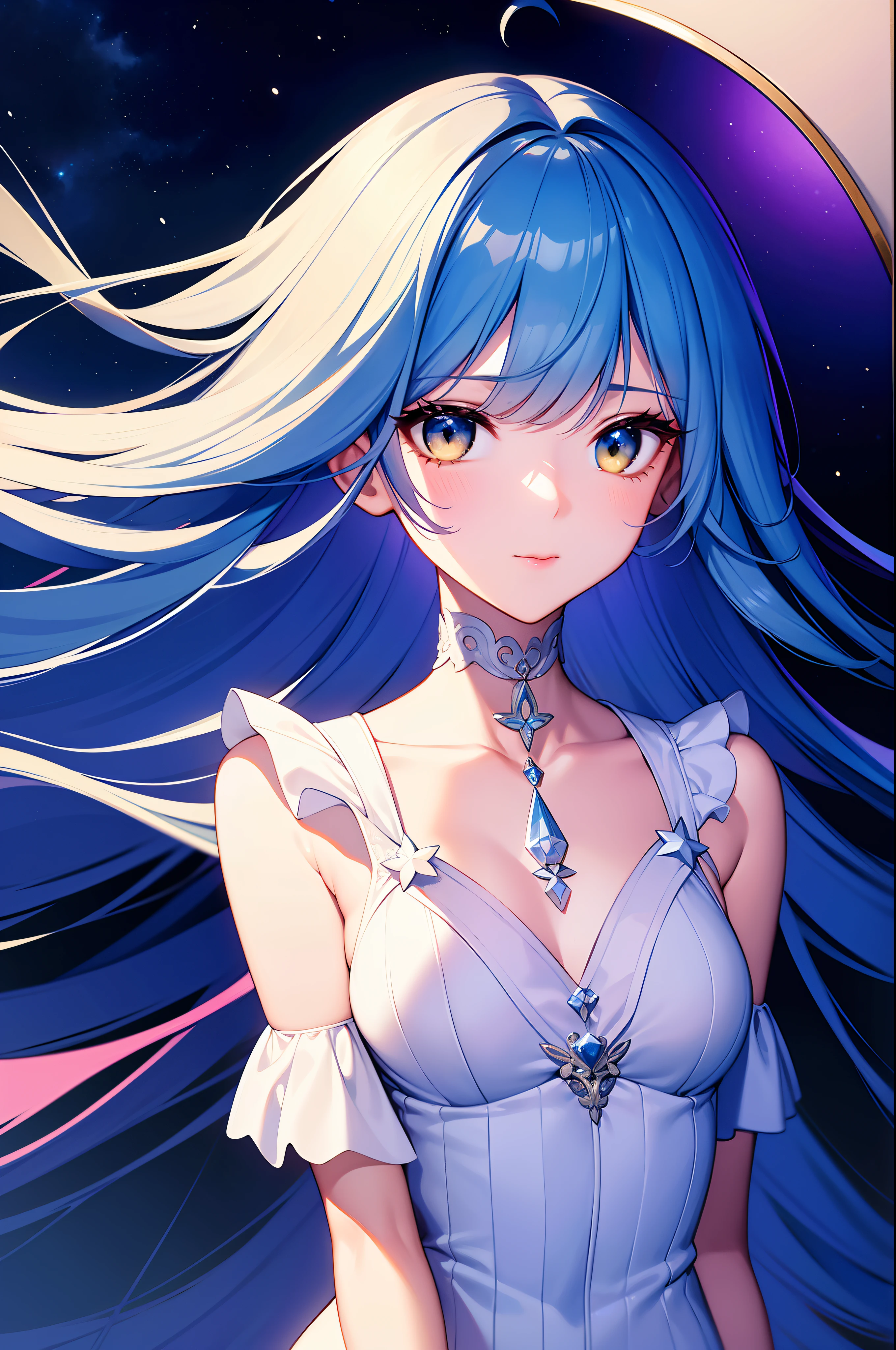 {{Best Quality}}, {{masutepiece}}, {{Ultra-detailed}}, {Illustration}, {Detailed light}, {extremely delicate and beautiful}, girl with, Cute face, Upper body, Two legs, long-one-piece dress, {Beautiful detailed eyes}, Stars in the eyes, messy floating hair, Colored inner hair, Starry sky adorns hair, {Lots_in the_Big_Colorful_Bubble}, [pearls], [Galaxy], depth of fields