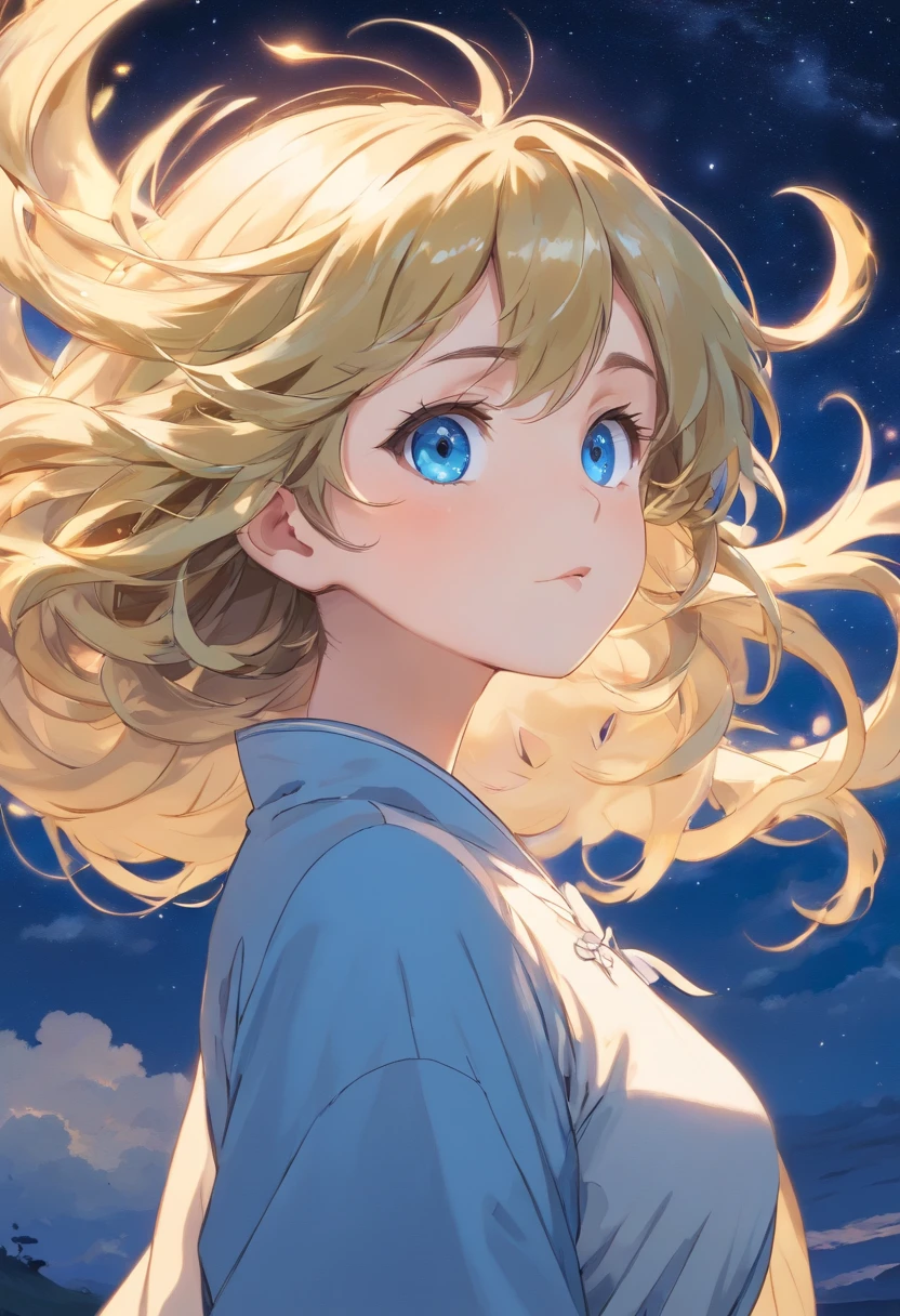 (masterpiece、top-quality、ultra-detailliert、hight resolution, Manga:1.2)、(Wavy hair spreading in the wind:1.2)、(beautifull detailed face)、(beatiful detailed eyes、Left and right even eyes:1.2)、(Gold and blue eyes、odd eye:1.2)、Against the background of the night sky