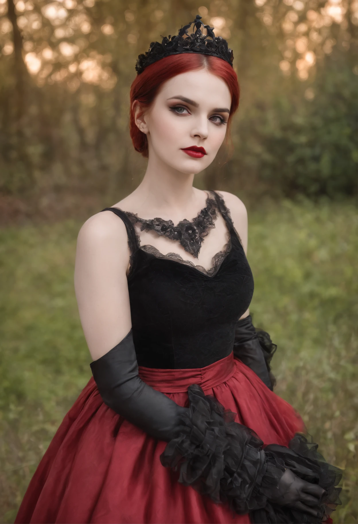 Malicious gal dressed in a red tutu and black top, a portrait inspired by Louis Grell, deviantart, gothic art, wearing modern gothic clothes, red and black costume!!!, victorian gothic lolita fashion, wearing a gothic dress, an elegant gothic princess, gothic clothing, gothic outfit, high quality theatre costume, baroque hibiscus queen, gothic fashion, ornate dark red opulent clothings