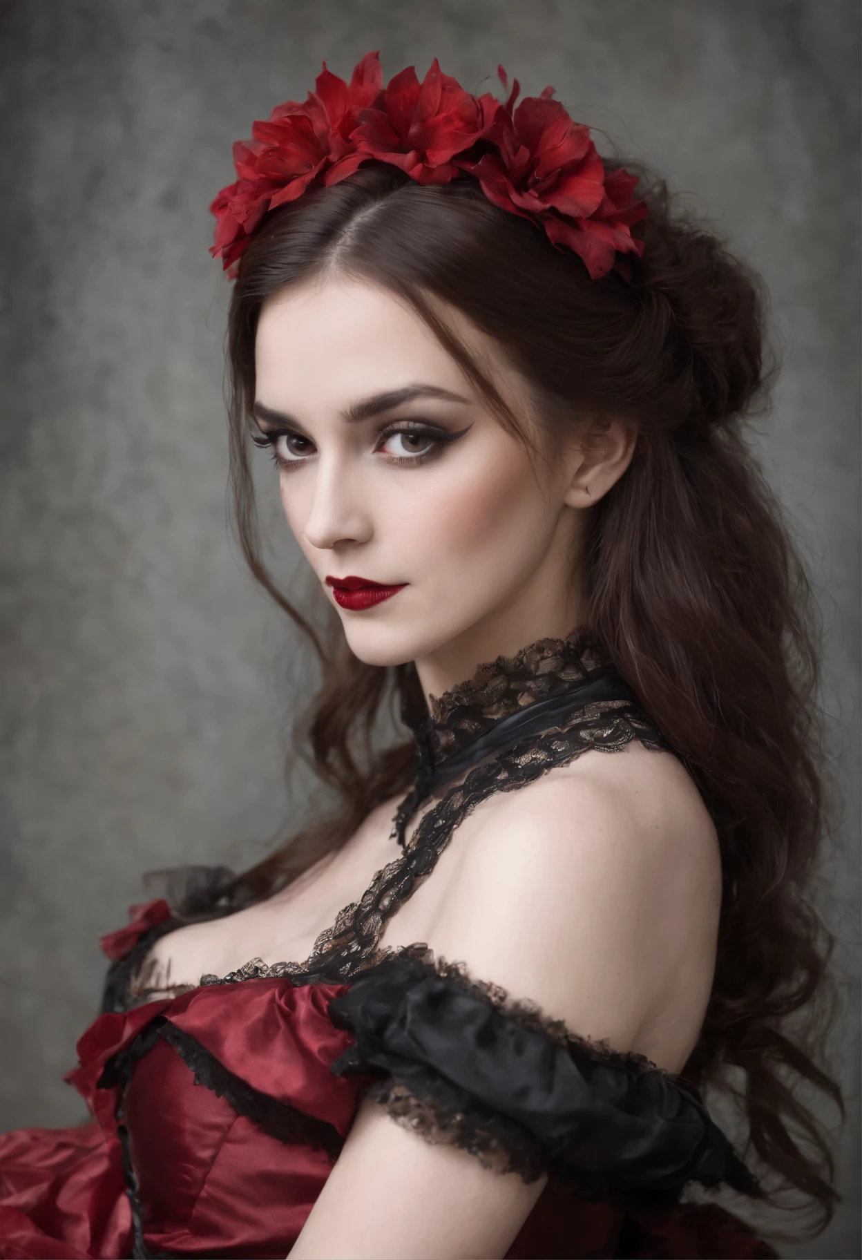 Malicious gal dressed in a red tutu and black top, a portrait inspired by Louis Grell, deviantart, gothic art, wearing modern gothic clothes, red and black costume!!!, victorian gothic ta fashion, wearing a gothic dress, an elegant gothic princess, gothic clothing, gothic outfit, high quality theatre costume, baroque hibiscus queen, gothic fashion, ornate dark red opulent clothings