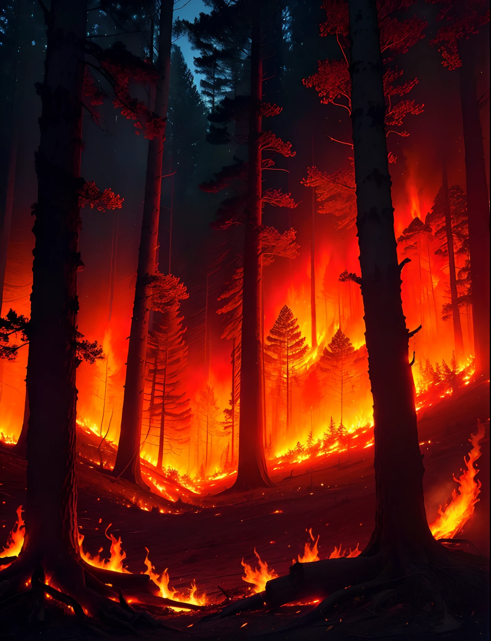 Flames are burning among the trees of a forest, the forest is on fire, Madeiras em chamas, floresta em chamas, forest fire, fires!! hiper-realista, uma floresta flamejante, burning trees, Trovoada, tempestade e floresta em chamas, Wildfire, fires in background, a flaming forest of trees, fires, (fire), embers adrift in the air, Floresta queimada, Countless fires