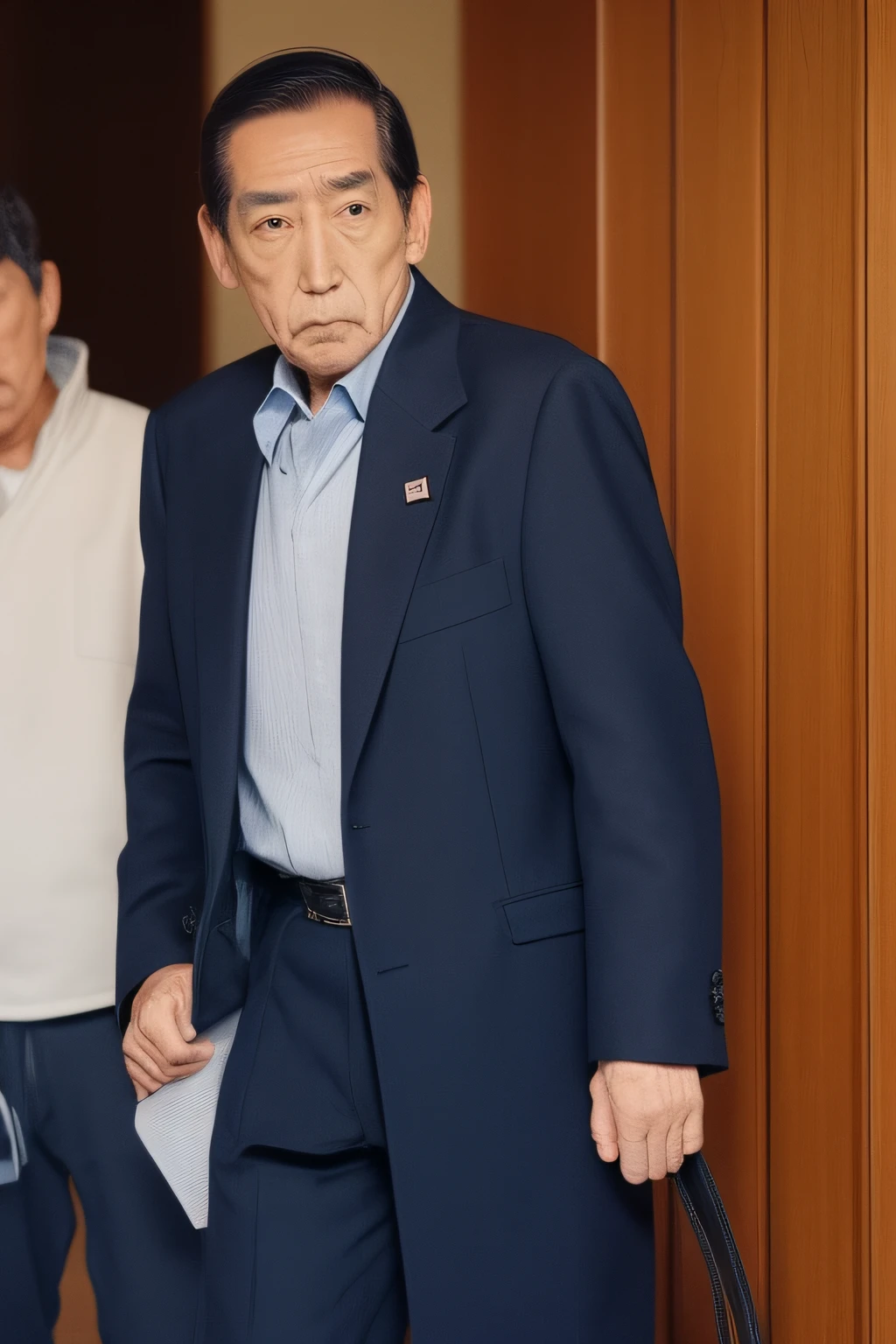 1 old men, fujita_makoto, Japan Faces, Japan actors, Cool old man, 70yo, black hair, black eyes, short-haired, 7:3 divisions, Criminal wind, Always rugged face, Collared shirt with the first button open, Navy blue jacket, Navy blue slacks, Black socks, Black leather shoes, Face Focus,