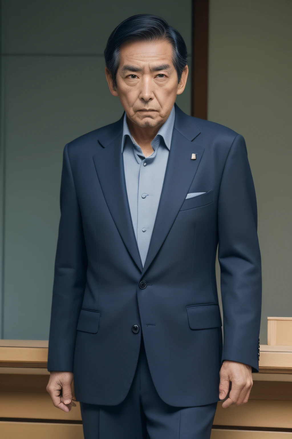 1 old men, fujita_makoto, Japan Faces, Japan actors, Cool old man, 70yo, black hair, black eyes, short-haired, 7:3 divisions, Criminal wind, Always rugged face, Collared shirt with the first button open, Navy blue jacket, Navy blue slacks, Black socks, Black leather shoes, Face Focus,