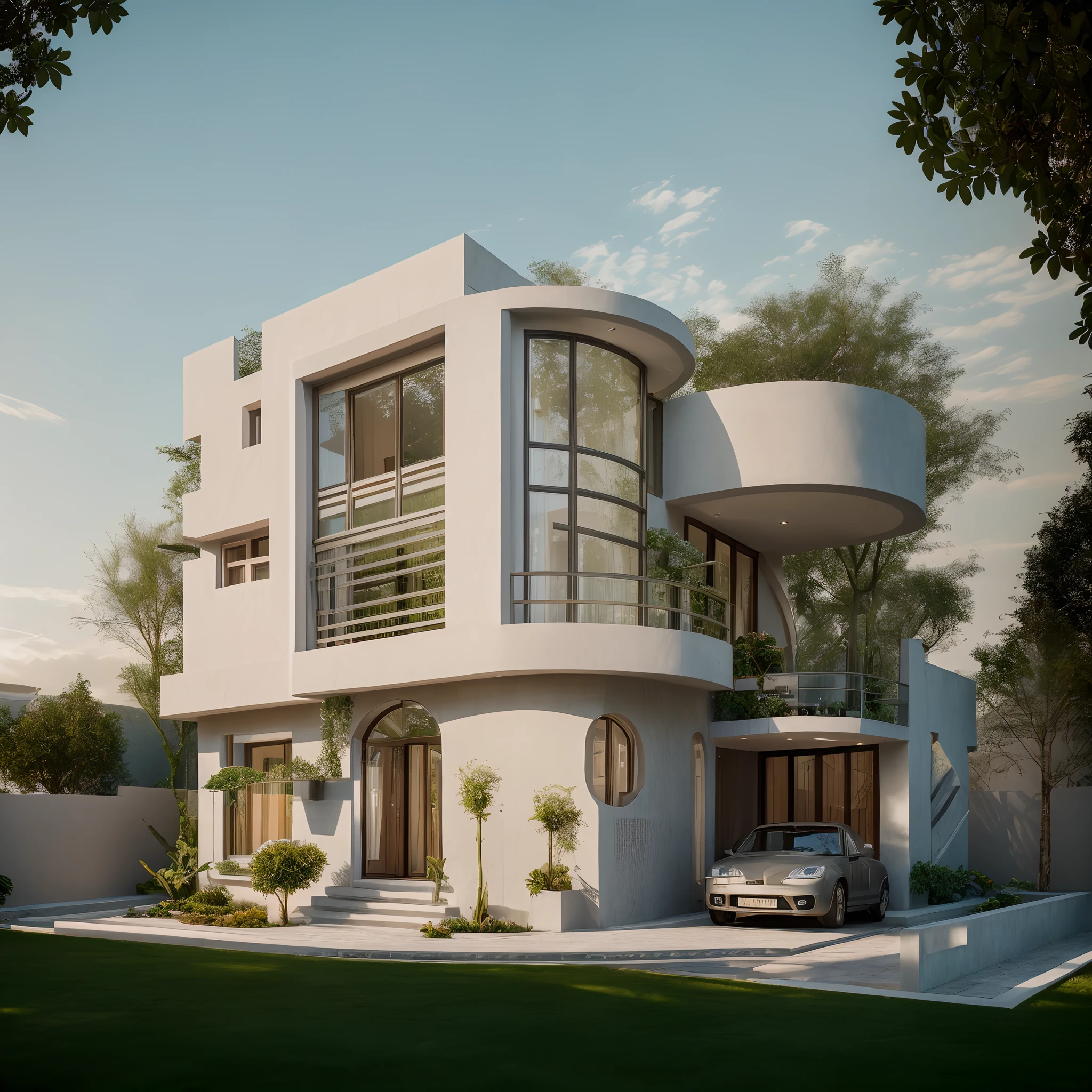 RAW photo villa, small garden space on front, detailed, cinematic lighting, windows, shadows, 8k uhd, dslr, soft lighting, high quality, film grain, Fujifilm XT3