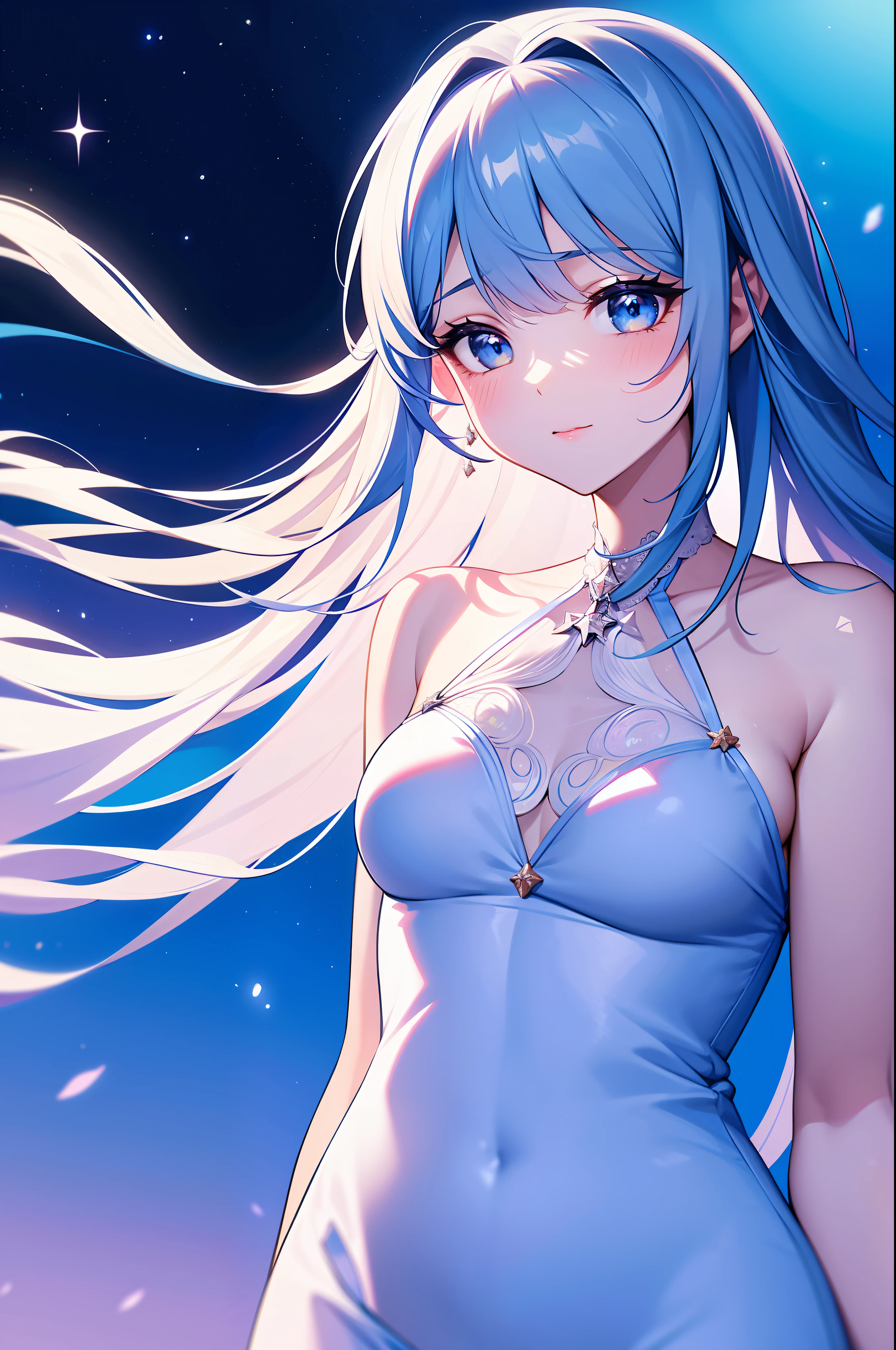 {{Best Quality}}, {{masutepiece}}, {{Ultra-detailed}}, {Illustration}, {Detailed light}, {extremely delicate and beautiful}, girl with, Cute face, Upper body, Two legs, long-one-piece dress, {Beautiful detailed eyes}, Stars in the eyes, messy floating hair, Colored inner hair, Starry sky adorns hair, {Lots_in the_Big_Colorful_Bubble}, [pearls], [Galaxy], depth of fields