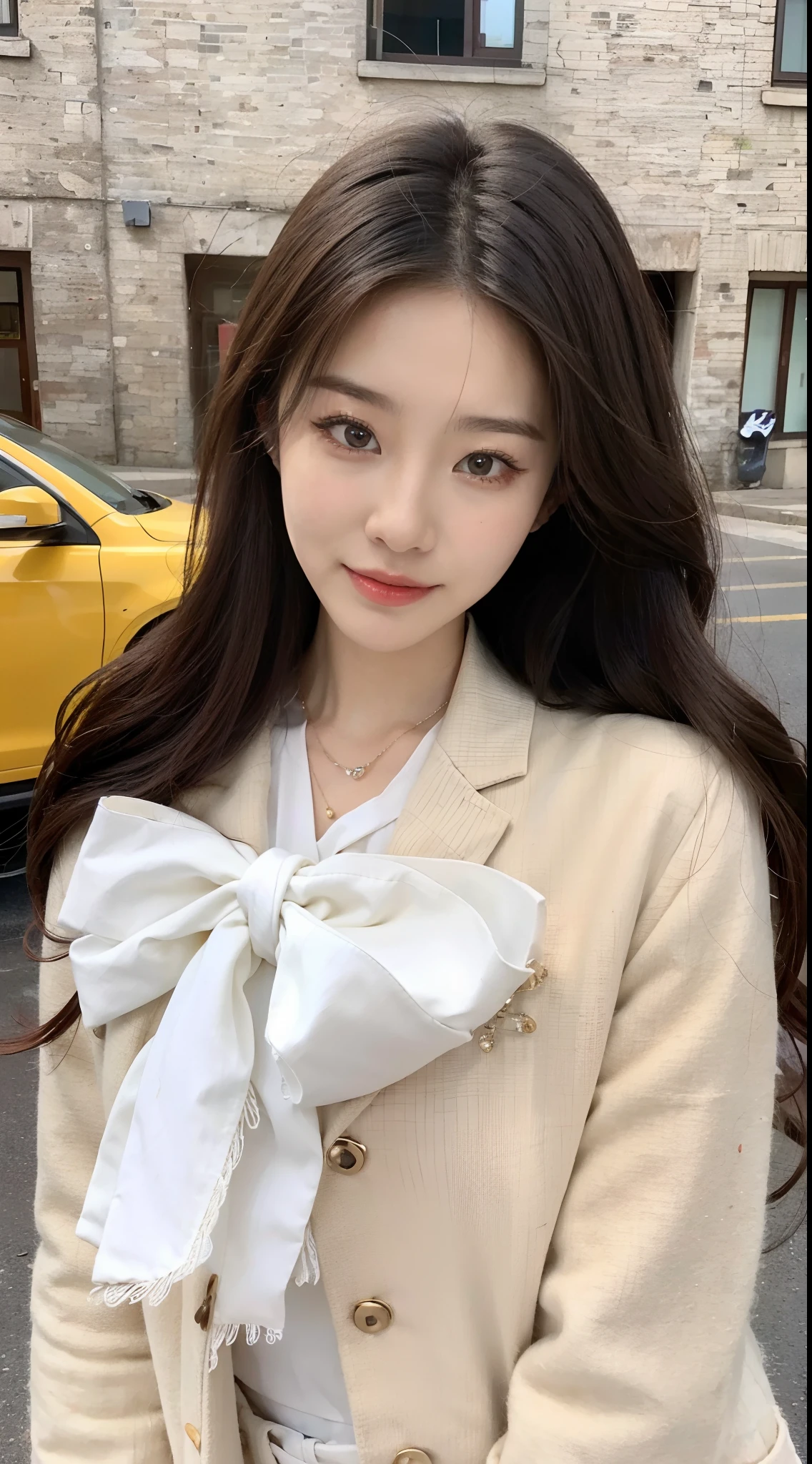 Close-up of a woman with long hair in a white jacket, ulzzangs, Gorgeous young Korean woman, korean women's fashion model, Beautiful young Korean woman, Korean girl, beautiful Korean women, bowknot, bae suzy, tzuyu from twice, smooth white tight clothes suit, wan adorable korean face, Shin Jinying, white hime cut hairstyle