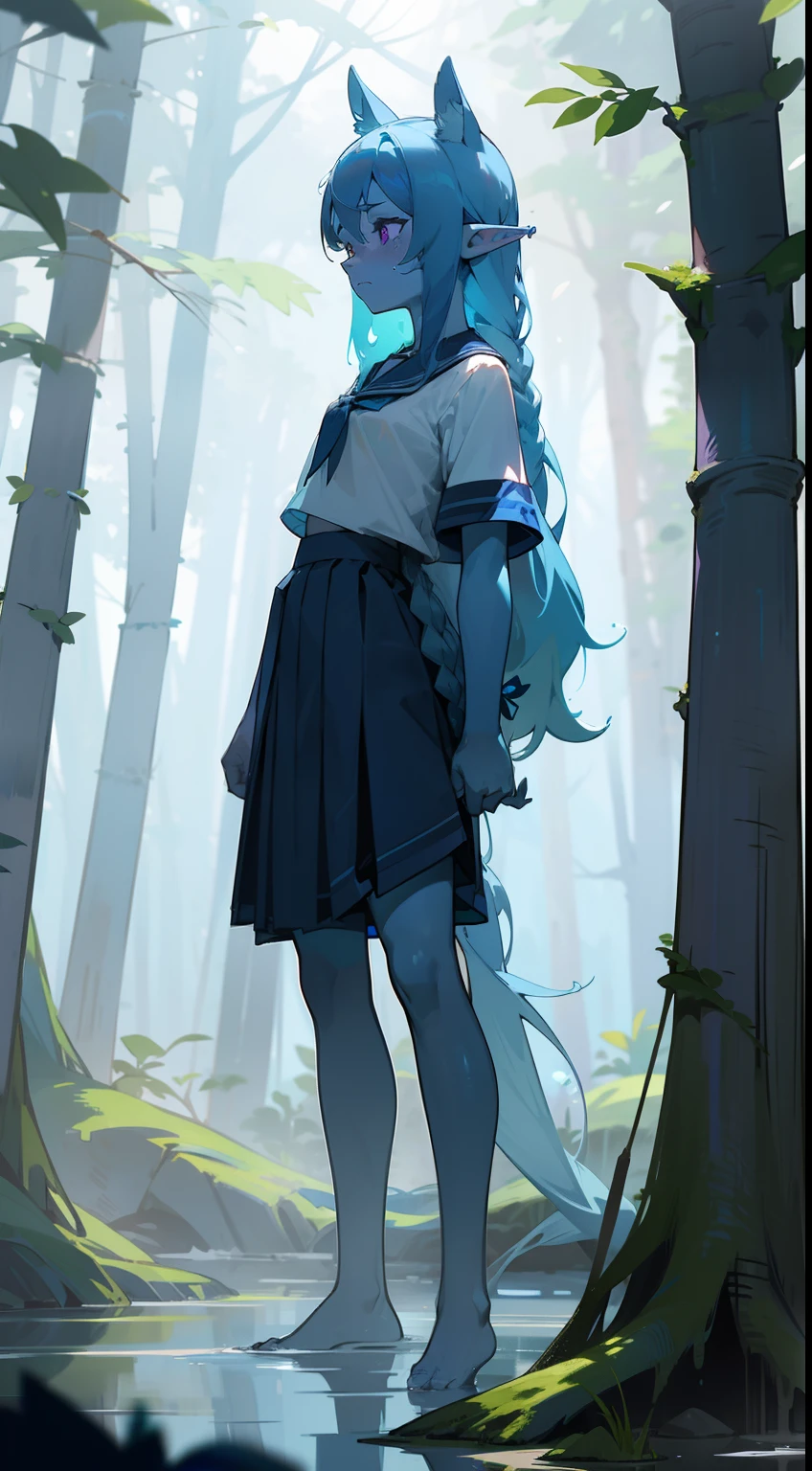 1girl water spirit,20s,solo,((( blue skin))),sad face,white school shirt,black scholl skirt,small tits,light blue hair,long hair,braided hair,purple eyes,,elves ears,blue horse tail,barefoot,(((standing in front of a forest)))