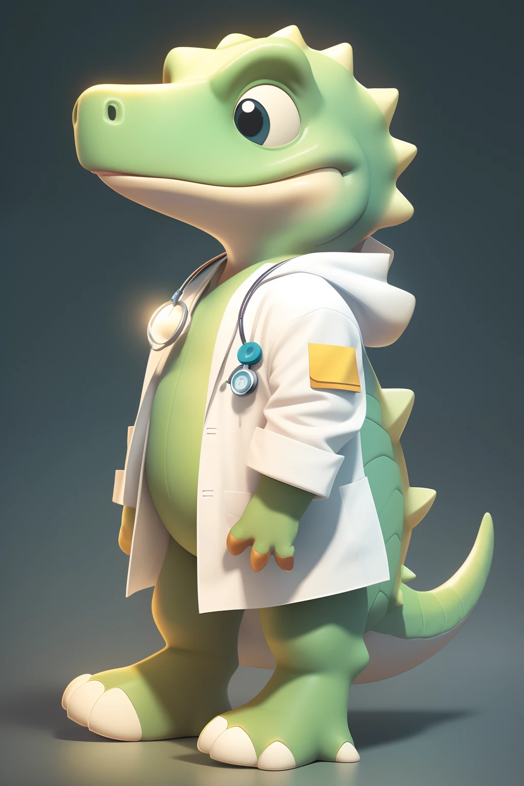 The little dinosaur wears a doctor's white coat,the doctor,Wear sneakers, Cute cartoon character, Cute characters, cute forest creature, Cartoon style, Disney, Disney, 3 d rendered,(Gradient solid background), (Minimalist style), (The characters are simple), (facing at camera)