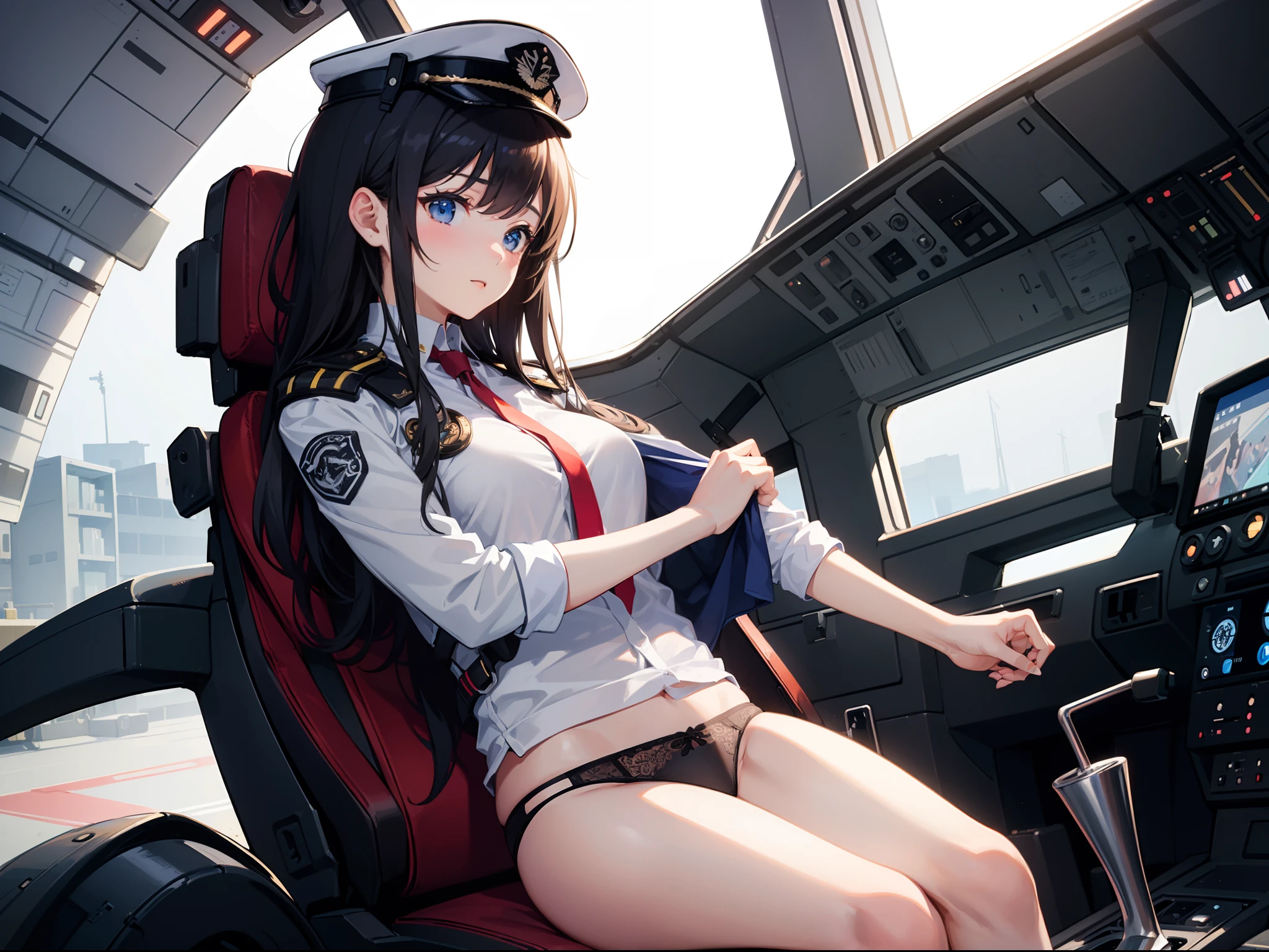 1 girl , (((changing clothes in the cockpit))), sitting, cute , dynamic angle, from front , cowboy shot, ((underwear)) ,((masterpiece)), ((best quality)), ((ultra-detailed)), (illustration), ((an extremely delicate and beautiful))