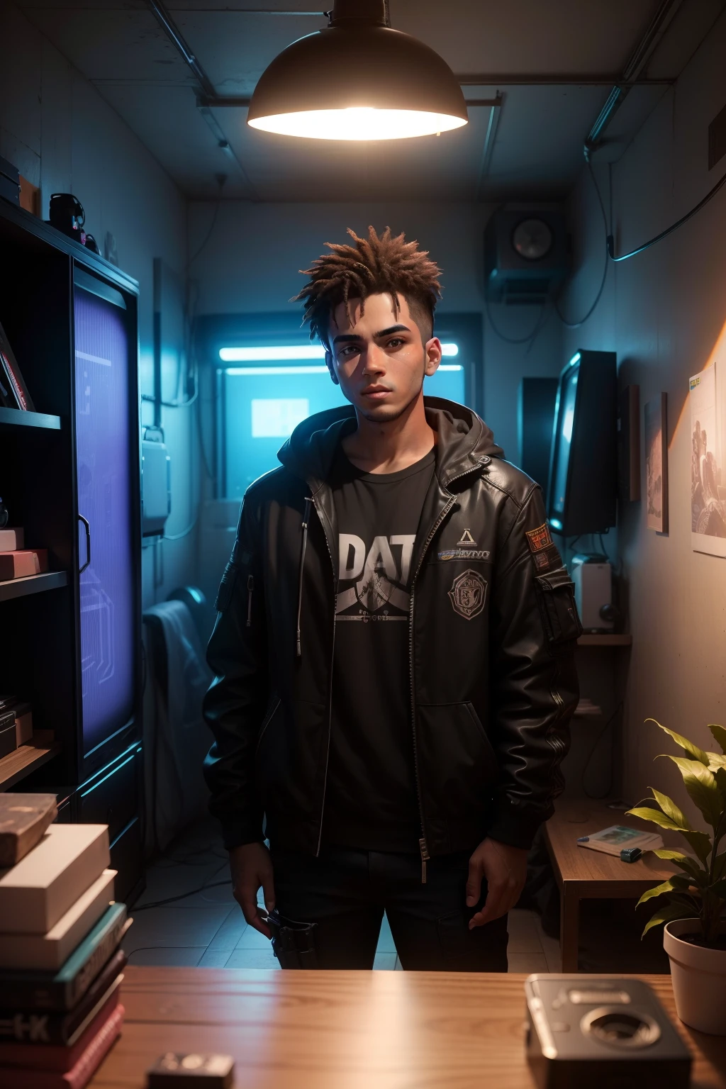 um jovem sentado em uma cadeira, Front view for camera in a realistic interrior of a cyberpunk room , com muitas telas, ,um monte de cabos coloridos, e muitas luzes, Upscaling, ray tracing, 8k