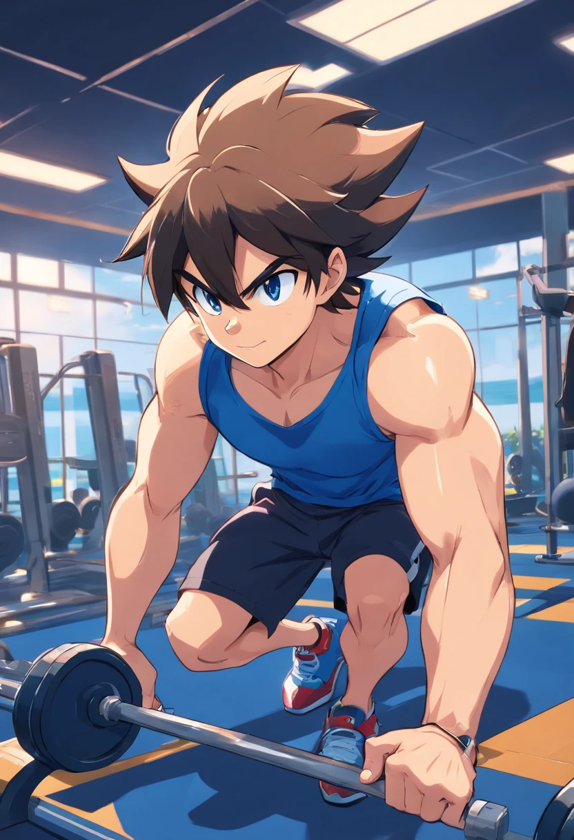 (a T-shirt illustration of a muscular Sonic the hedgehog working out intensely in a gym)