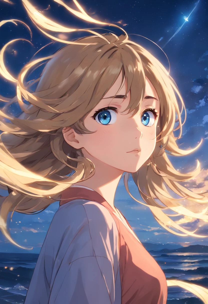 (masterpiece、top-quality、ultra-detailliert、hight resolution, Manga:1.2)、(Wavy hair spreading in the wind:1.2)、(beautifull detailed face)、(beatiful detailed eyes)、(Gold and Blue Eyes、odd eye:1.2)、Against the background of the night sky