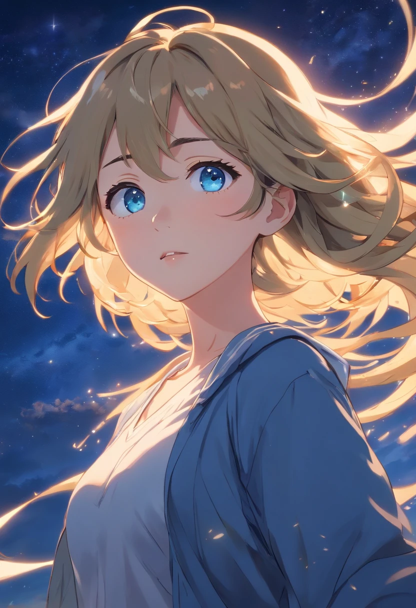 (masterpiece、top-quality、ultra-detailliert、hight resolution, Manga:1.2)、(Wavy hair spreading in the wind:1.2)、(beautifull detailed face)、(beatiful detailed eyes)、(Gold and Blue Eyes、odd eye:1.2)、Against the background of the night sky