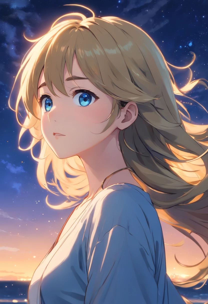 (masterpiece、top-quality、ultra-detailliert、hight resolution, Manga:1.2)、(Wavy hair spreading in the wind:1.2)、(beautifull detailed face)、(beatiful detailed eyes)、(Gold and Blue Eyes、odd eye:1.2)、Against the background of the night sky