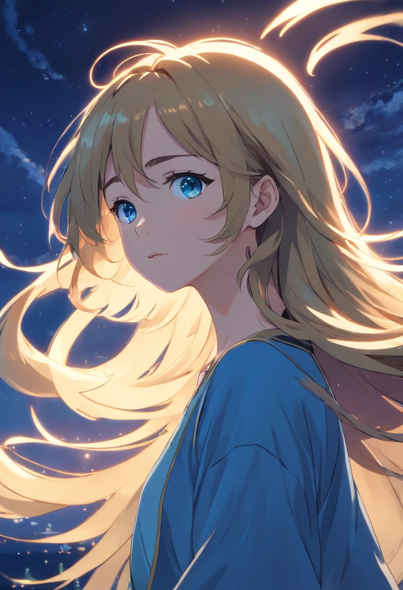 (masterpiece、top-quality、ultra-detailliert、hight resolution, Manga:1.2)、(Wavy hair spreading in the wind:1.2)、(beautifull detailed face)、(beatiful detailed eyes)、(Gold and Blue Eyes、odd eye:1.2)、Against the background of the night sky