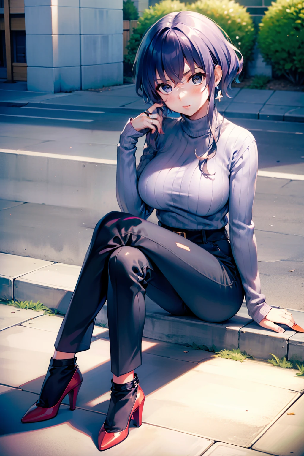 Michiru Hyodo、silber hair、Colossal tits、Blue eyes、Ring earrings、torn　Black high-waisted pants、shuicolor　Stripes　Knitwear with open chest、Red high heels、Mountain view　Benches、sitting on　cross one's legs