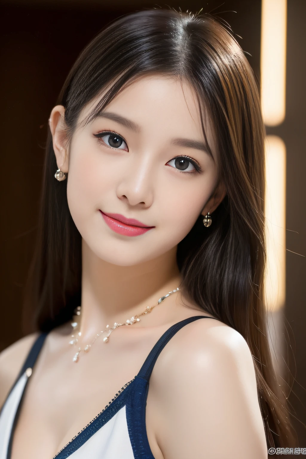 (((Brown Long Hair))), (Louvre Museum), Pose Seductive, (A hyper-realistic), (Illustration), (Increased resolution), (8KUHD), (Extremely detailed), (Best Illustration), (Beautiful and detailed eyes), (Best Quality), (ultra-detailliert), (masutepiece ), ( Wallpaper), (Detailed face), Solo, 1人の女性, Fine details, Detailed face, Deep Shadows, lowkey, pureerosfaceace_v1, Smiling, 46 point slanted bangs、Black lace underwear、cleavage of the breast、Big necklace、large earring、Laughing、Glasses with thin rims、