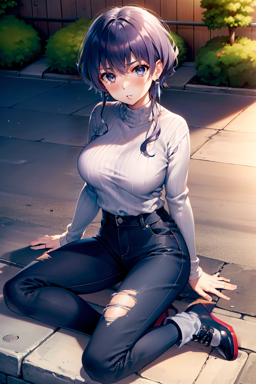 Michiru Hyodo、silber hair、Colossal tits、Blue eyes、Ring earrings、torn　Black high-waisted pants、shuicolor　Stripes　Knitwear with open chest、Red high heels、Mountain view　Benches、sitting on　cross one's legs