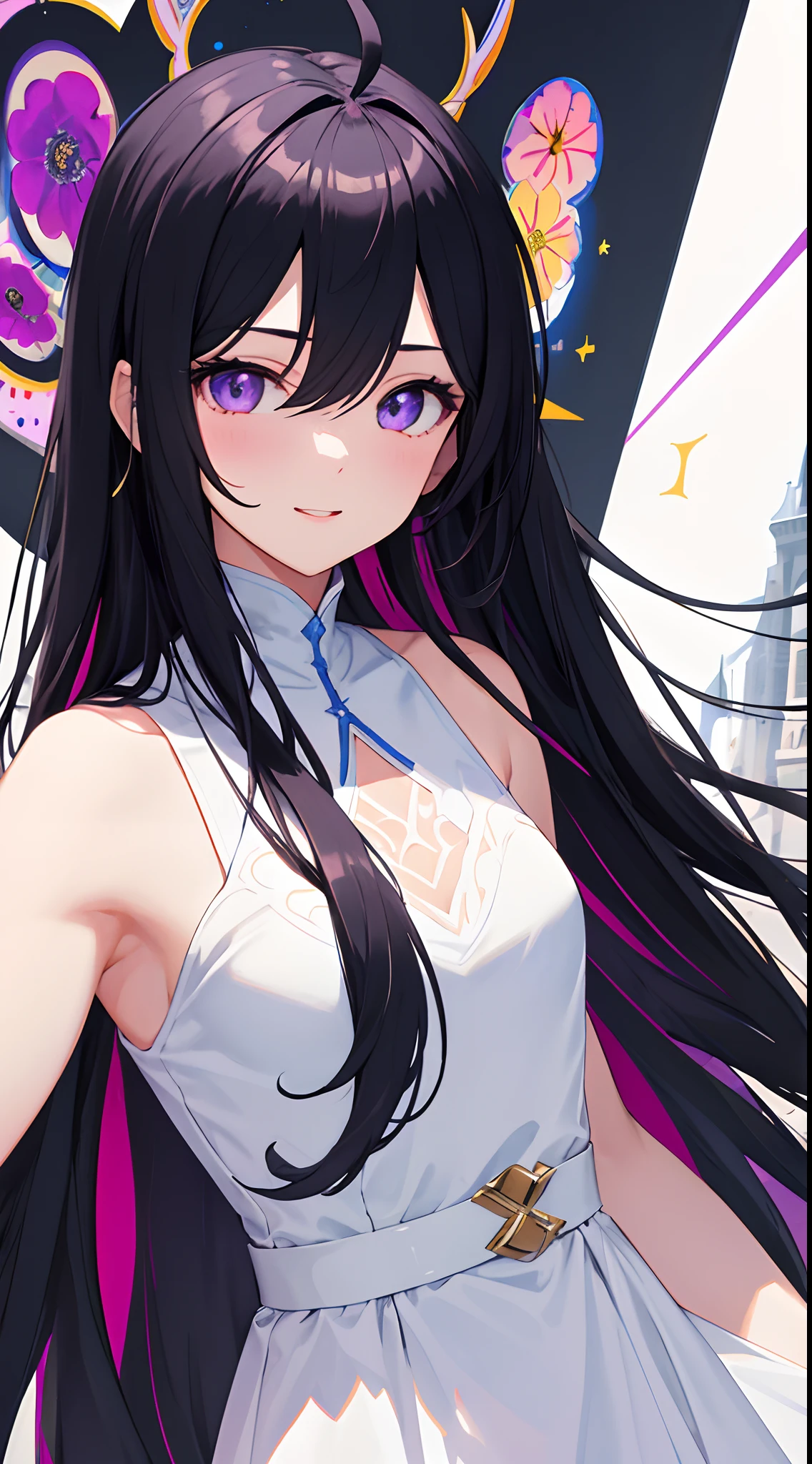 1girl, solo, long hair, ahoge, asymmetrical hair, crossed bangs, streked hair, black hair, purple eyes, @@, cute face, expressive face, happy, beautiful detailed eyes, beautiful dress, white dress, light ray, colorful, high contrast, (masterpiece), wallpaper,