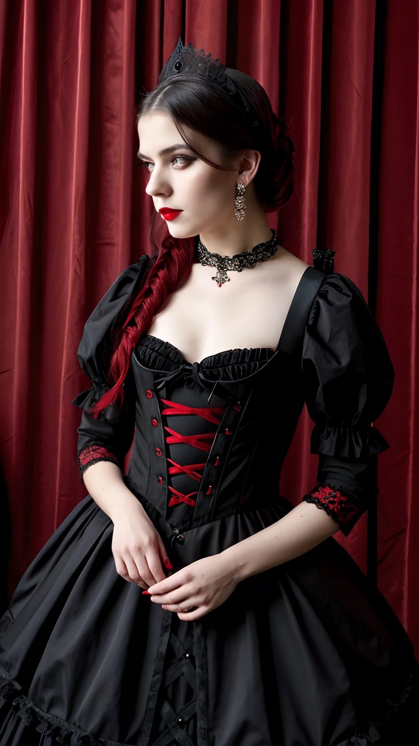 Malicious gal dressed in a red tutu and black top, a portrait inspired by Louis Grell, deviantart, gothic art, wearing modern gothic clothes, red and black costume!!!, victorian gothic lolita fashion, wearing a gothic dress, an elegant gothic princess, gothic clothing, gothic outfit, high quality theatre costume, baroque hibiscus queen, gothic fashion, ornate dark red opulent clothing