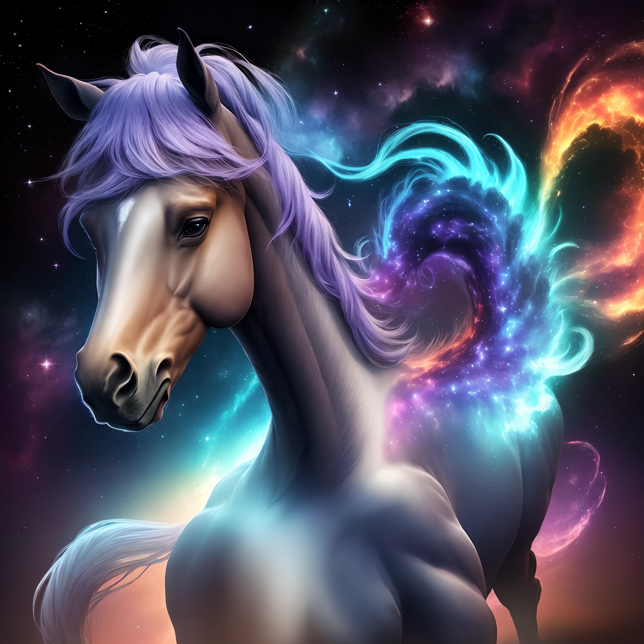 Cosmic horse pintura fosca detalhada, cor profunda, genial, detalhes intrincados, tela inicial, cores complementares, arte conceitual de fantasia, 8k resolution trending on Artstation Unreal Engine 5
