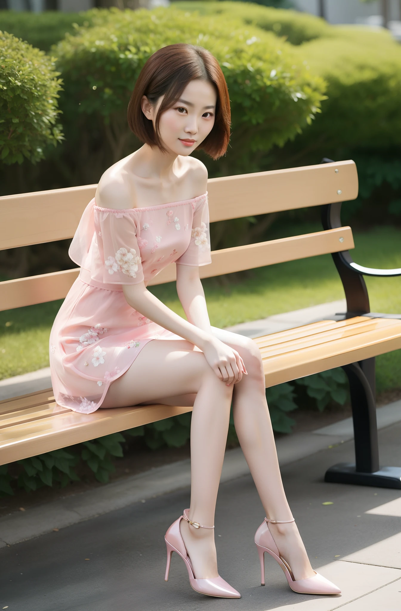 Beautiful Chinese woman sitting on bench, Dress tightly, Slim and transparent,Off-the-shoulder attire,low chest,Legs straight,very beautiful long slim legs, short detailed hair,Pink high heels,