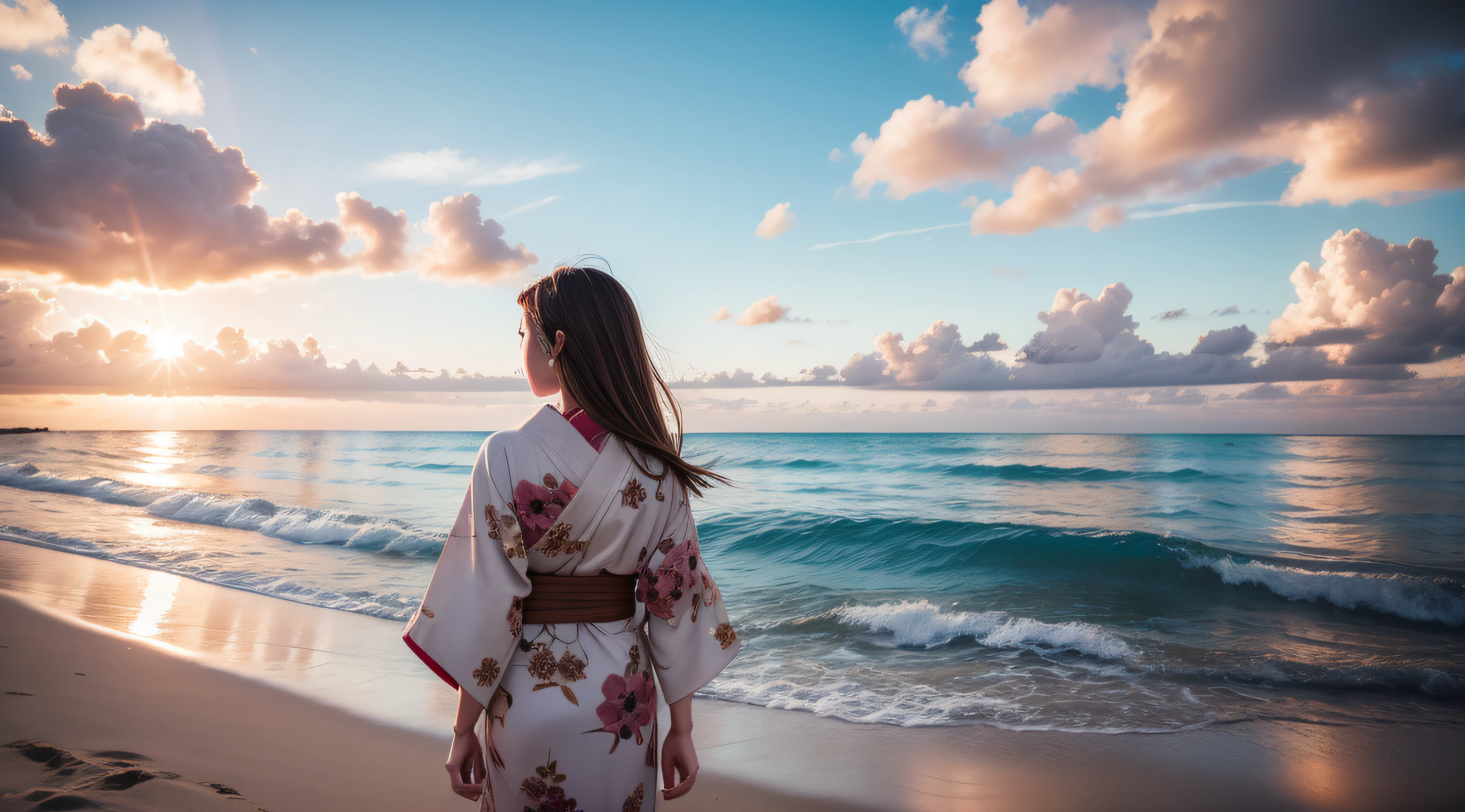 girl, kimono, cute, brown hair, beach, beautiful sky,